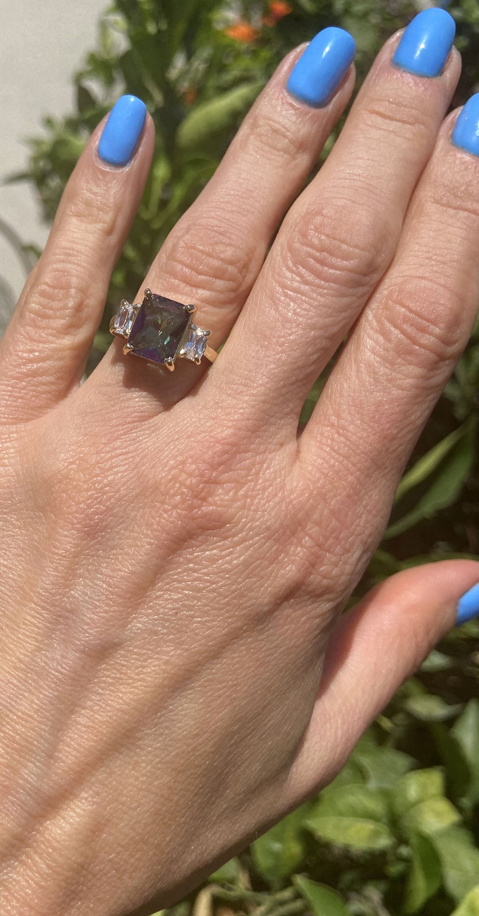 Mystic Topaz Ring - Change Color Ring - Statement Engagement Ring with Octagon Mystic Topaz Gemstone and Clear Quartz Accents - H.L.Jewelry