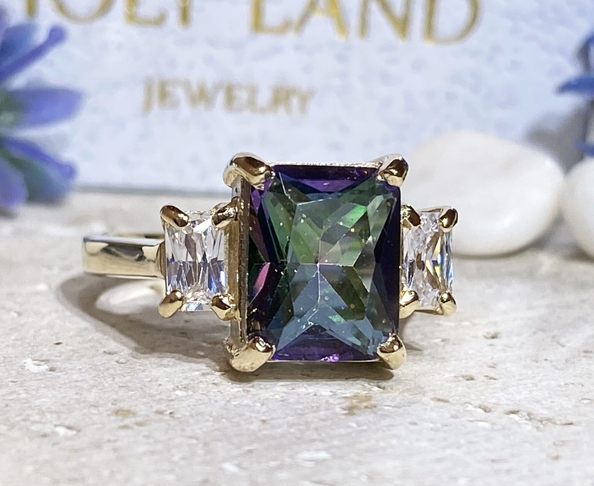 Mystic Topaz Ring - Change Color Ring - Statement Engagement Ring with Octagon Mystic Topaz Gemstone and Clear Quartz Accents - H.L.Jewelry