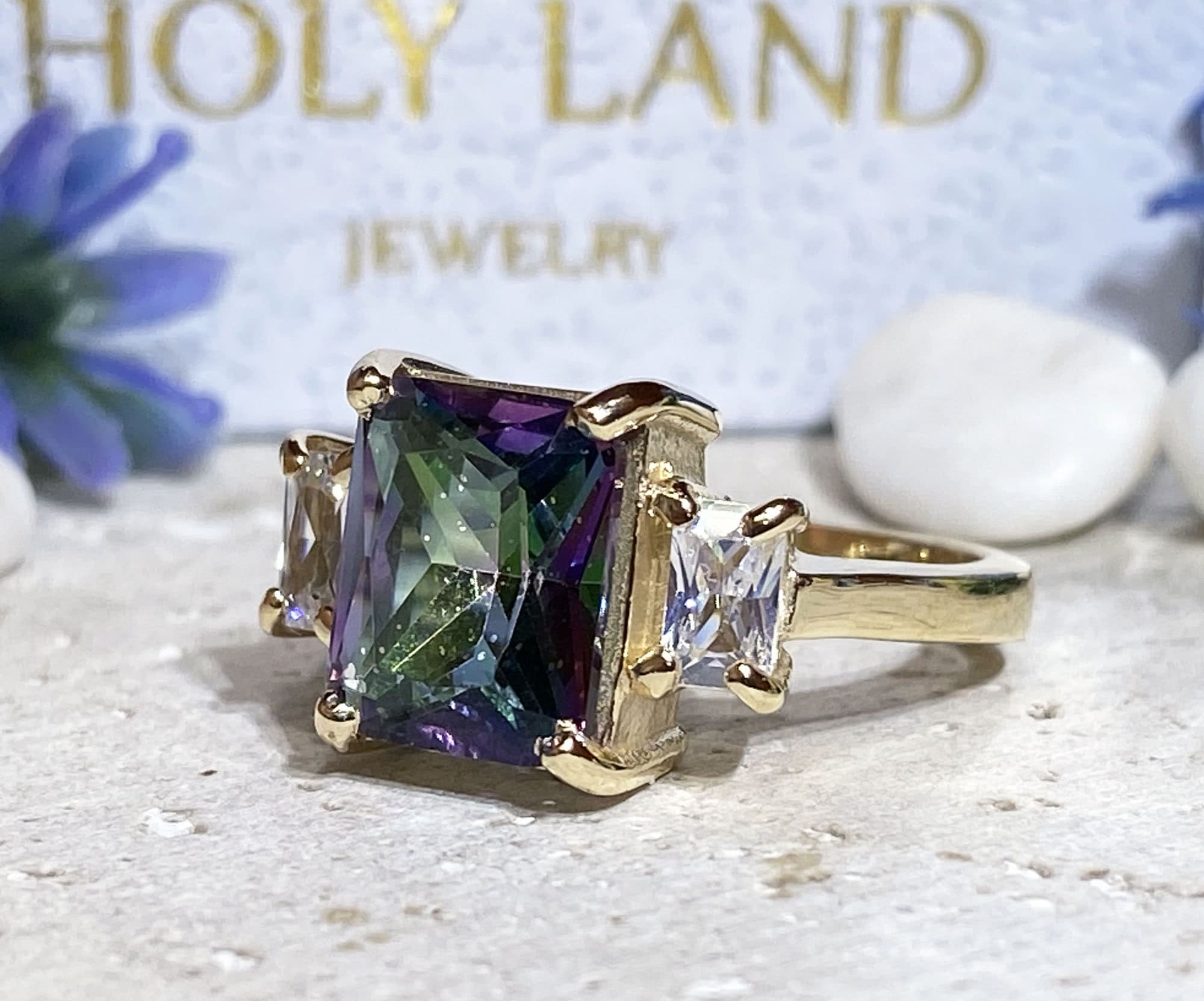 Mystic Topaz Ring - Change Color Ring - Statement Engagement Ring with Octagon Mystic Topaz Gemstone and Clear Quartz Accents - H.L.Jewelry