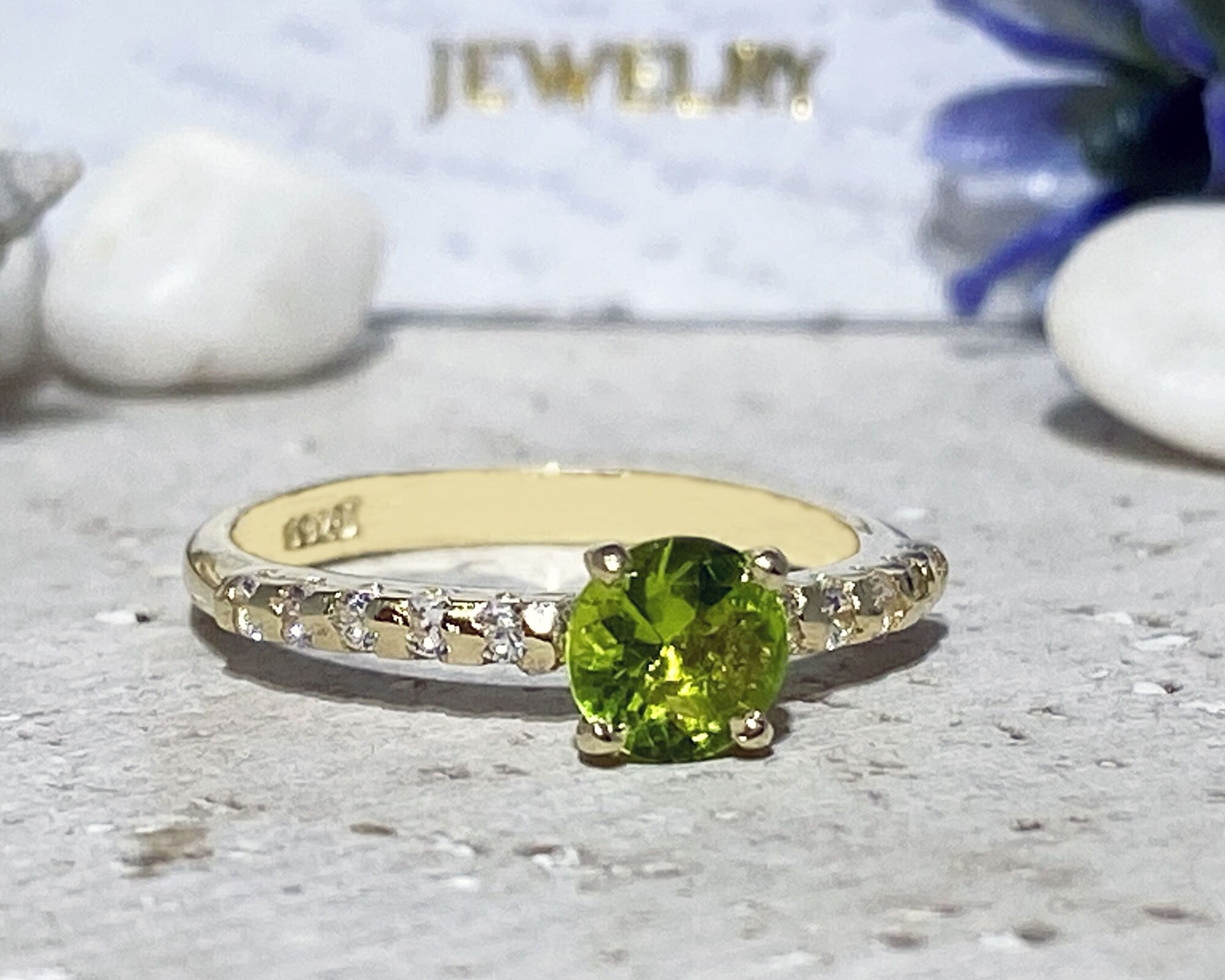 Peridot Ring - August Birthstone - Round Peridot Gemstone Ring with Clear Quartz Accents - H.L.Jewelry