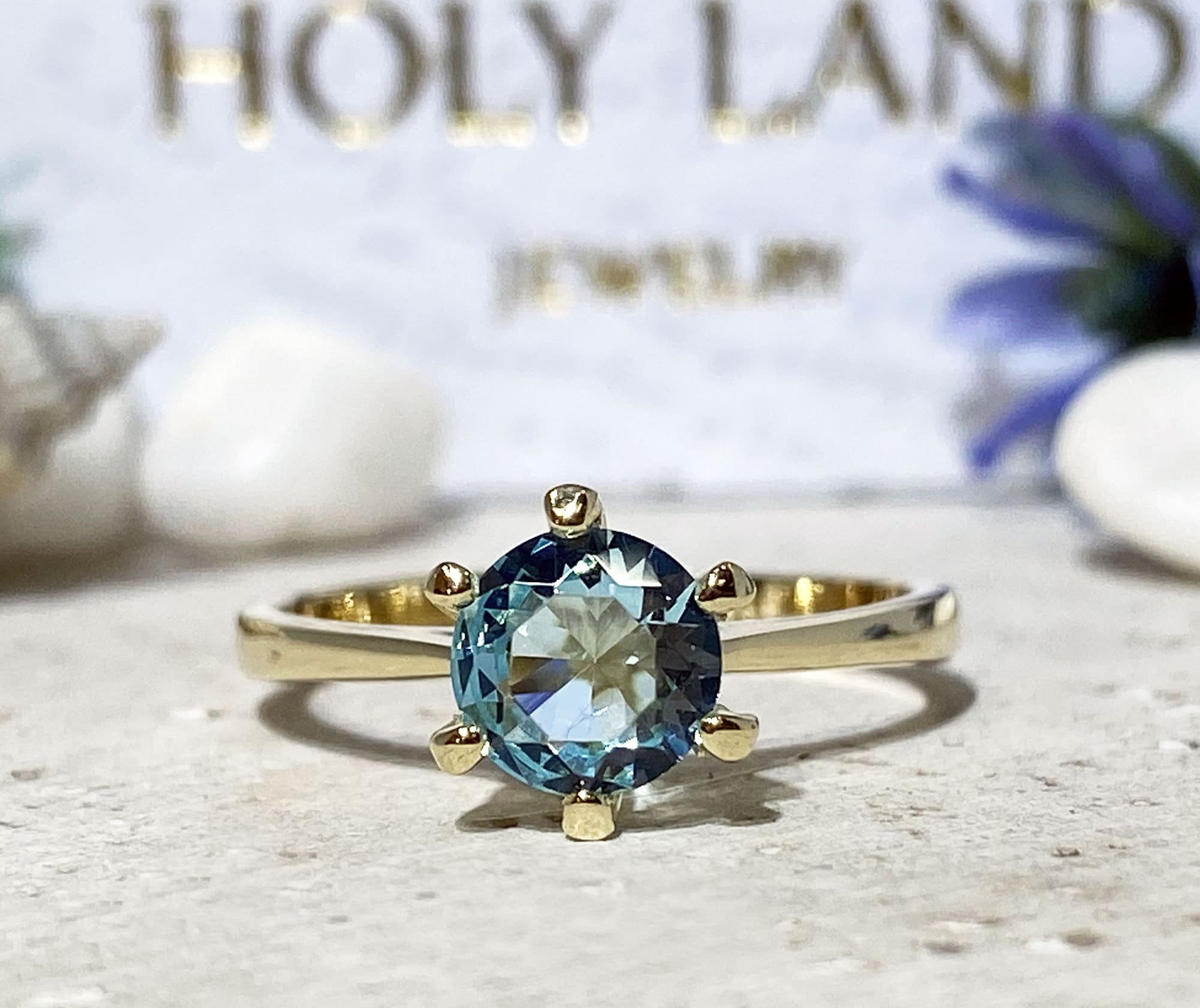 Aquamarine Ring - March Birthstone Jewelry - Solitaire Ring with Round Amethyst Gemstone - H.L.Jewelry