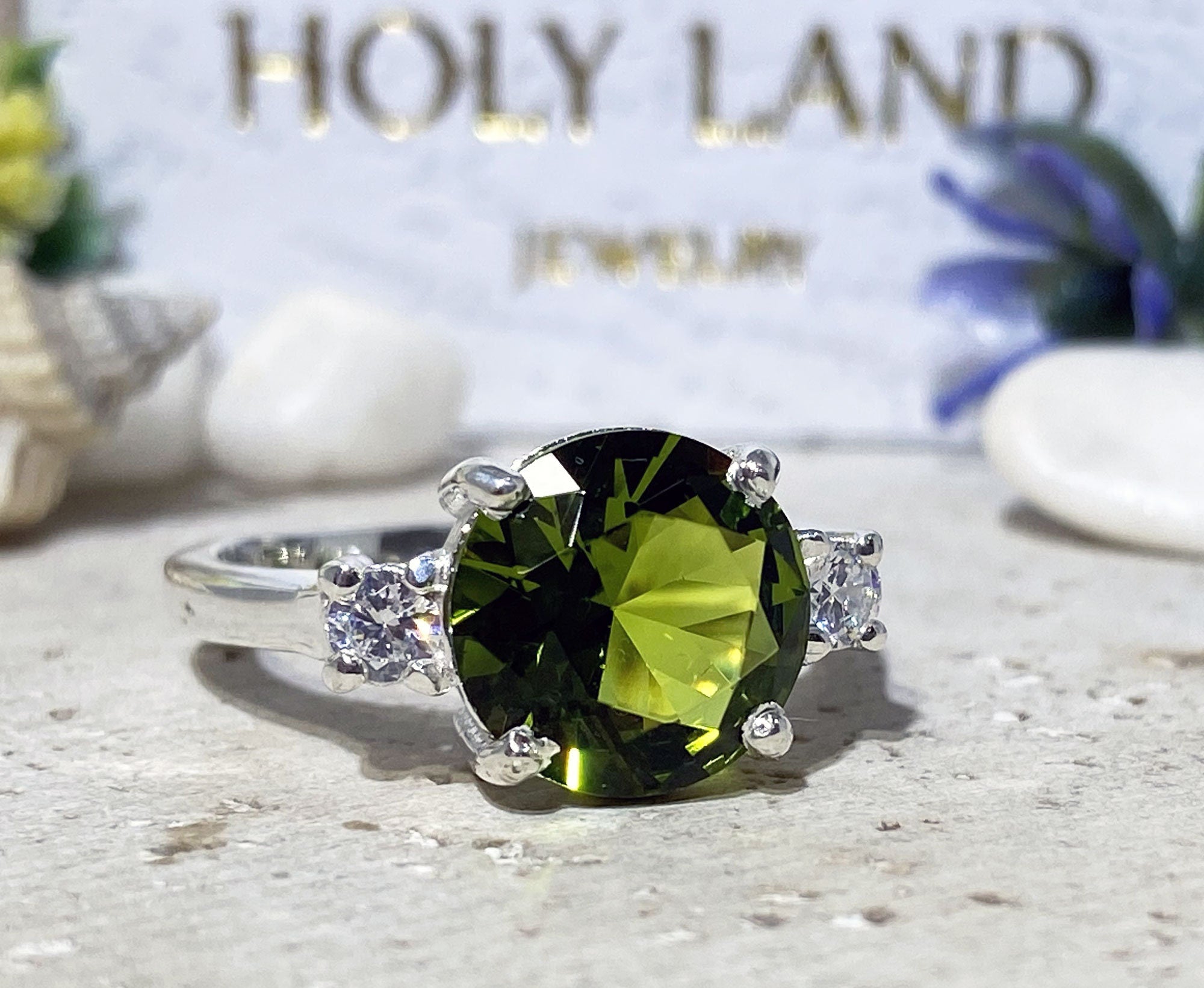 Peridot Ring - August Birthstone - Statement Engagement Ring with Round Peridot Gemstone and Clear Quartz Accents - H.L.Jewelry