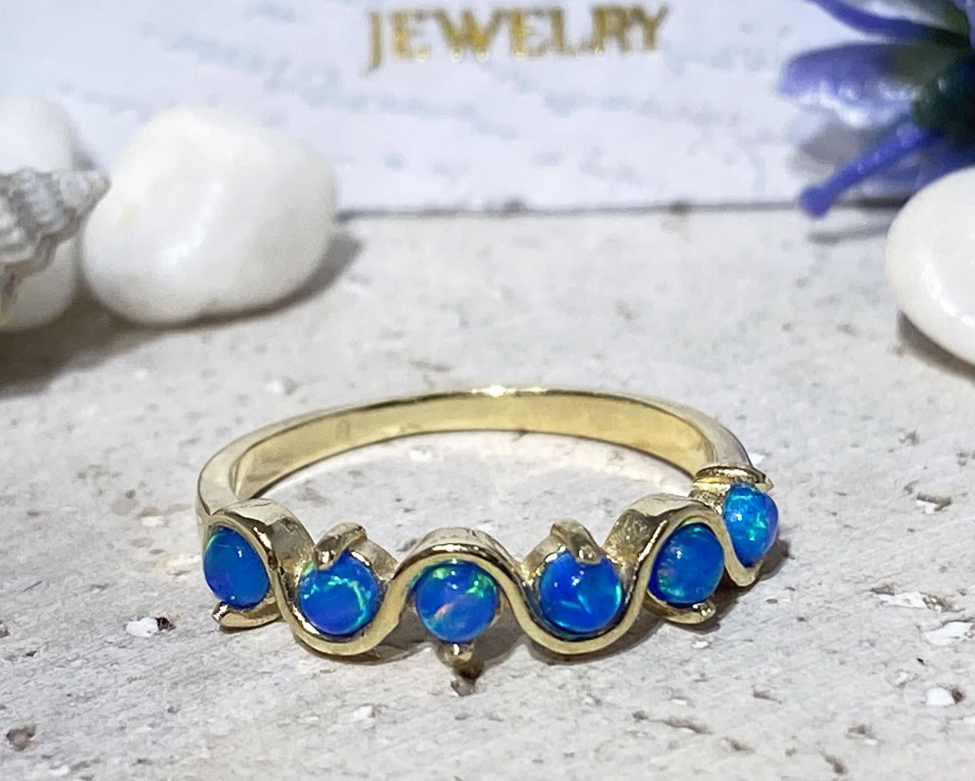 Blue Opal Ring - October Birthstone - Simple Stacking Ring with Five Blue Opal Gemstones - H.L.Jewelry