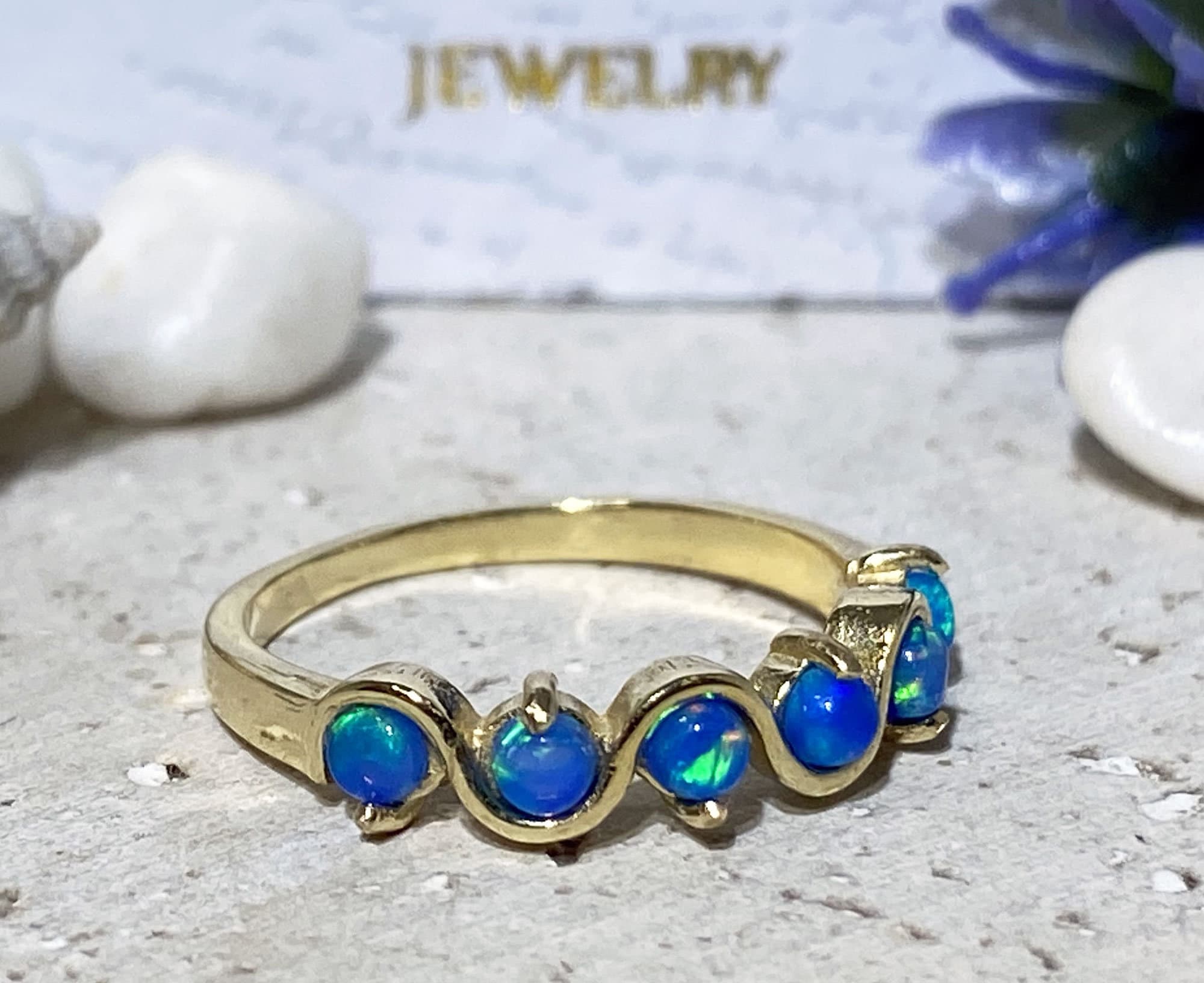 Blue Opal Ring - October Birthstone - Simple Stacking Ring with Five Blue Opal Gemstones - H.L.Jewelry