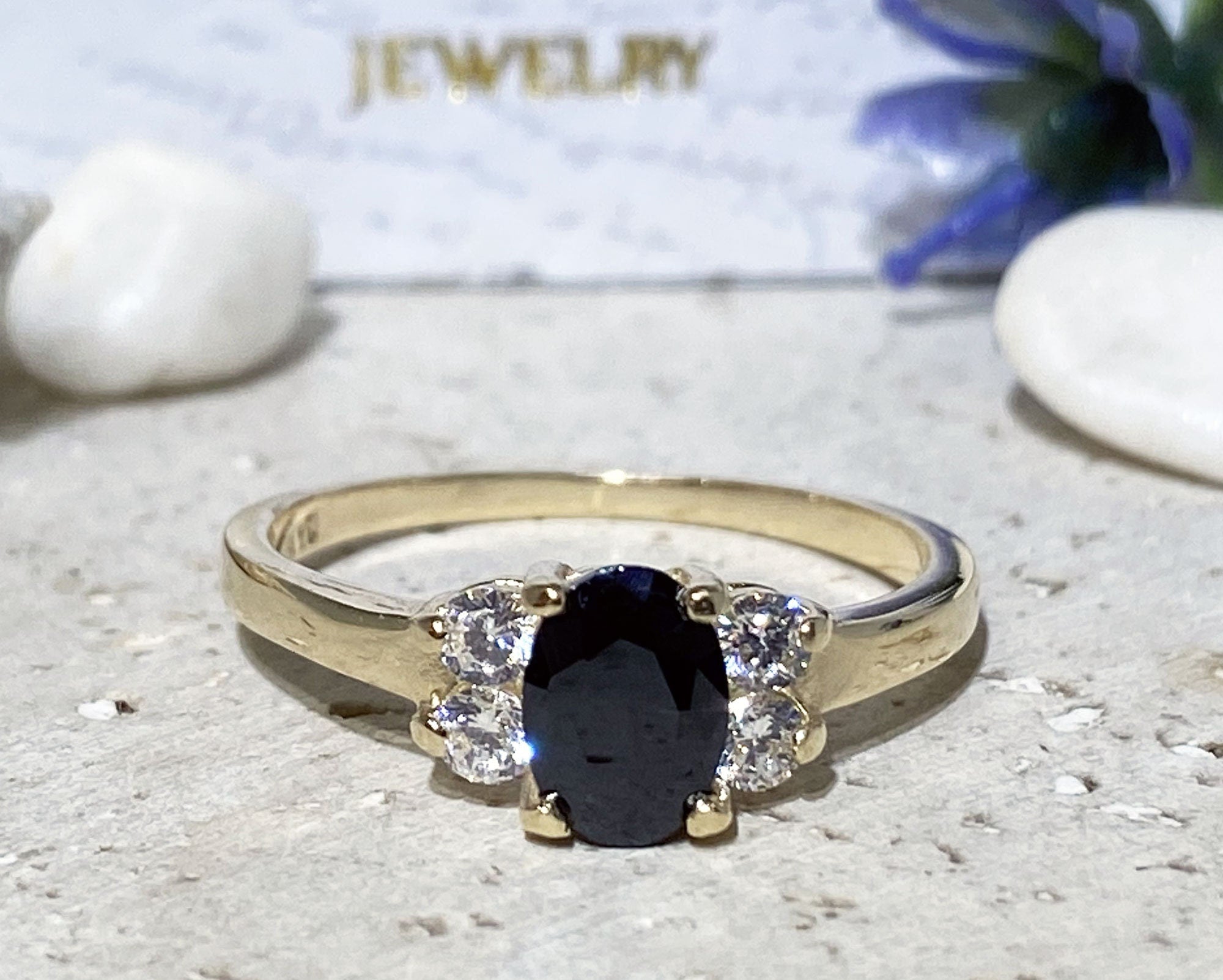 Black Onyx Ring - December Birthstone - Oval Black Onyx Ring with Clear Quartz Accents - H.L.Jewelry