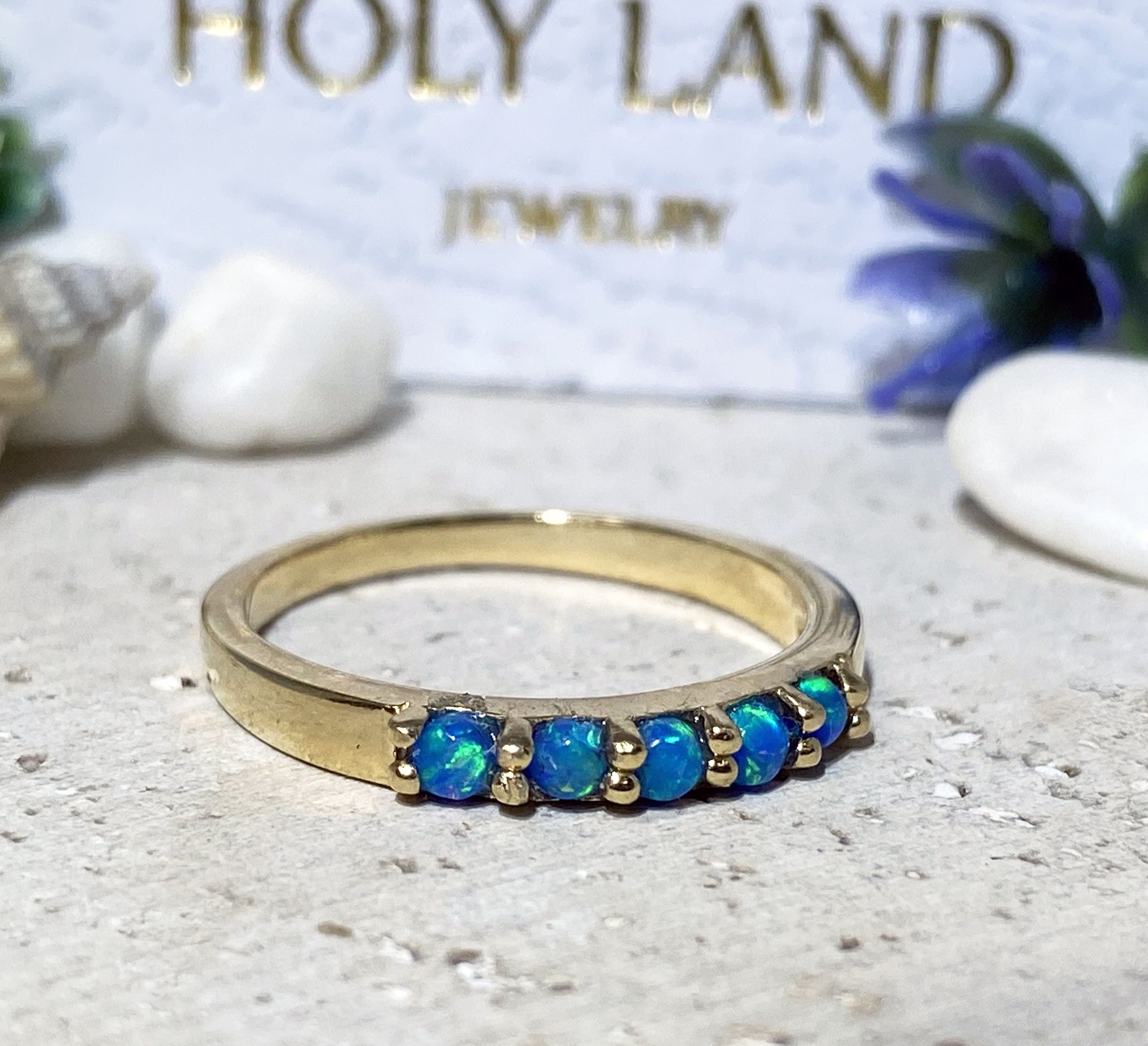 Blue Opal Ring - October Birthstone - Simple Stacking Ring with Five Blue Opal Gemstones - H.L.Jewelry