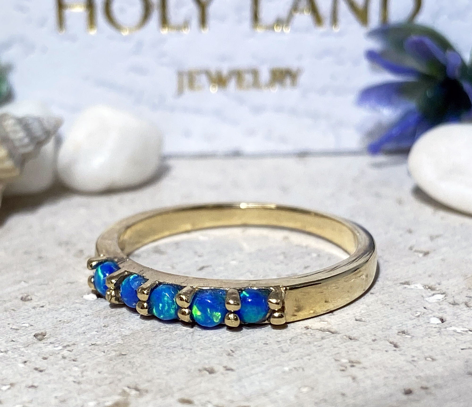 Blue Opal Ring - October Birthstone - Simple Stacking Ring with Five Blue Opal Gemstones - H.L.Jewelry