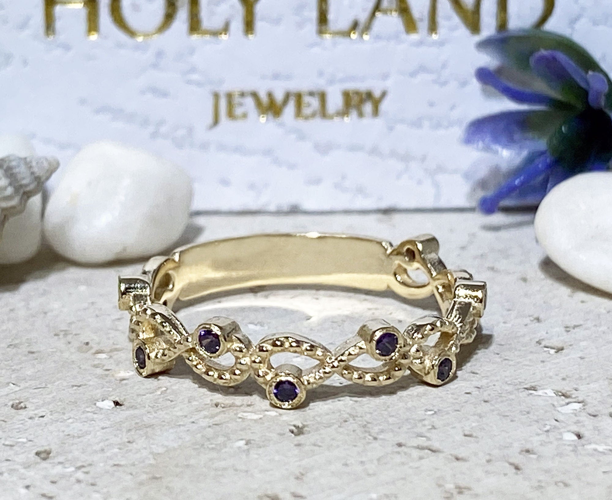 Amethyst Ring - February Birthstone - Infinity Ring with Small Round Purple Amethyst Gemstones - H.L.Jewelry