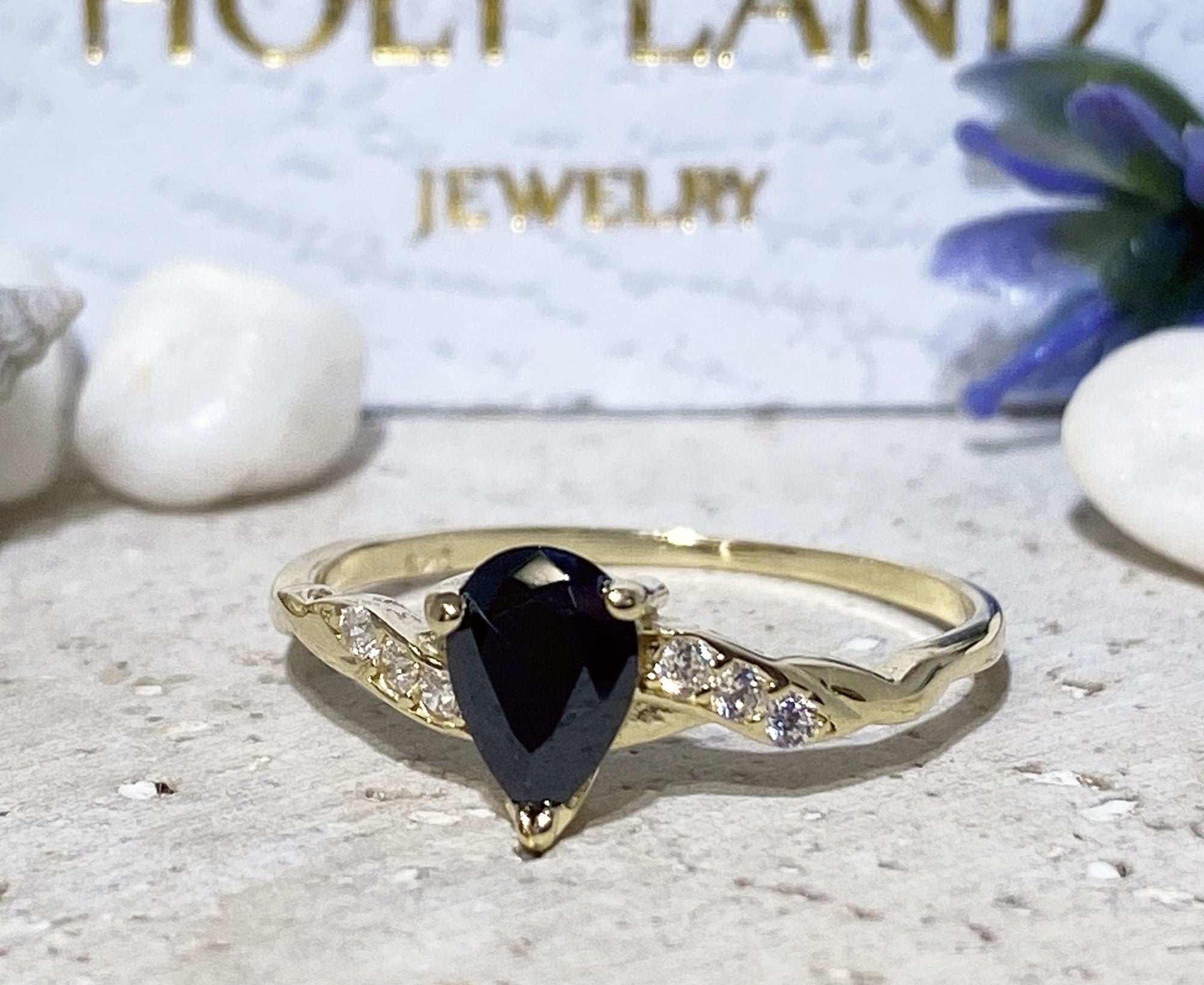 Black Onyx Ring - December Birthstone - Delicate Ring with Pear Shape Black Onyx Center Gemstone and Clear Quartz Accents - H.L.Jewelry