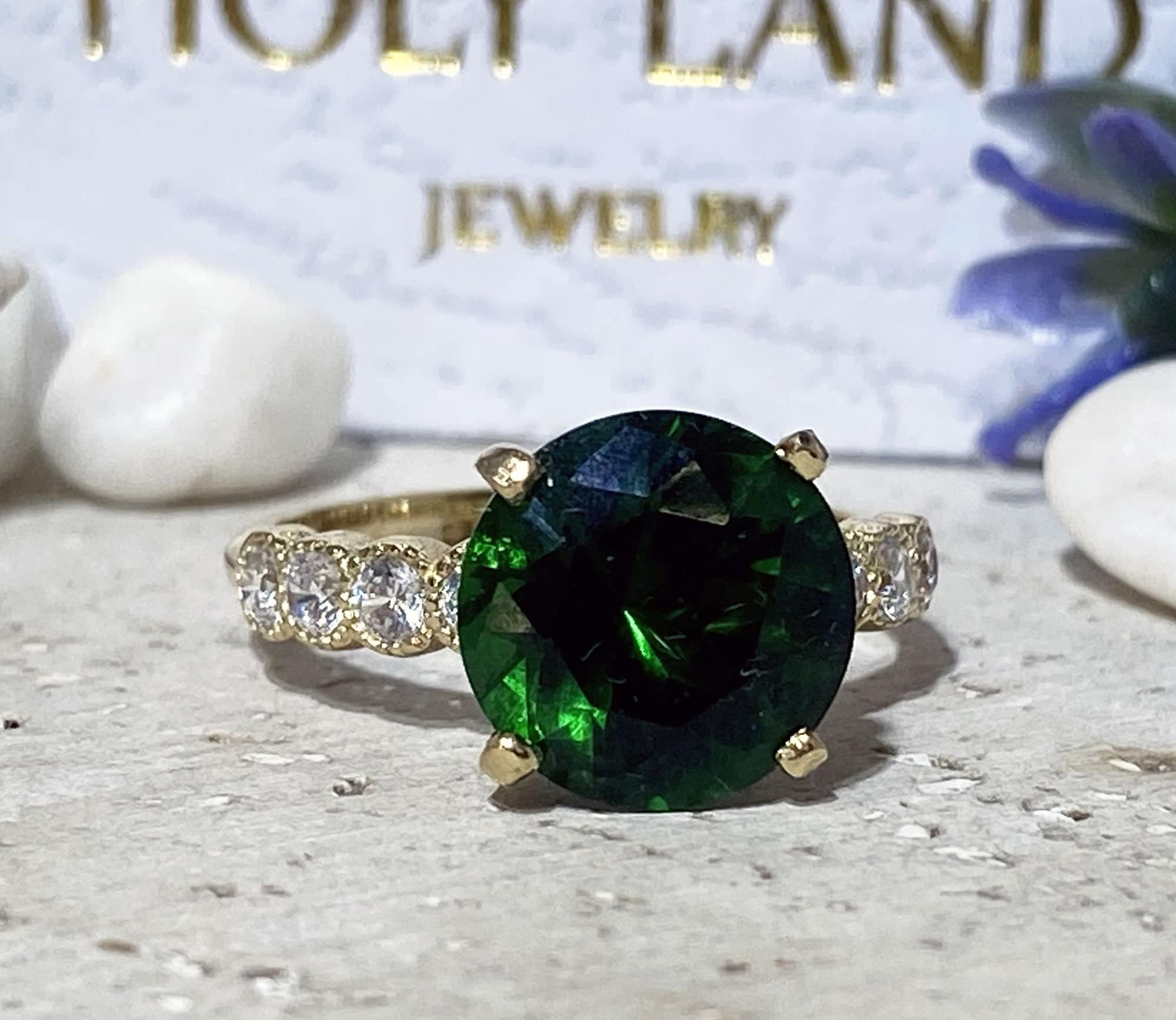 Emerald Ring - May Birthstone - Statement Engagement Ring with Round Emerald Gemstone and Clear Quartz Accents - H.L.Jewelry