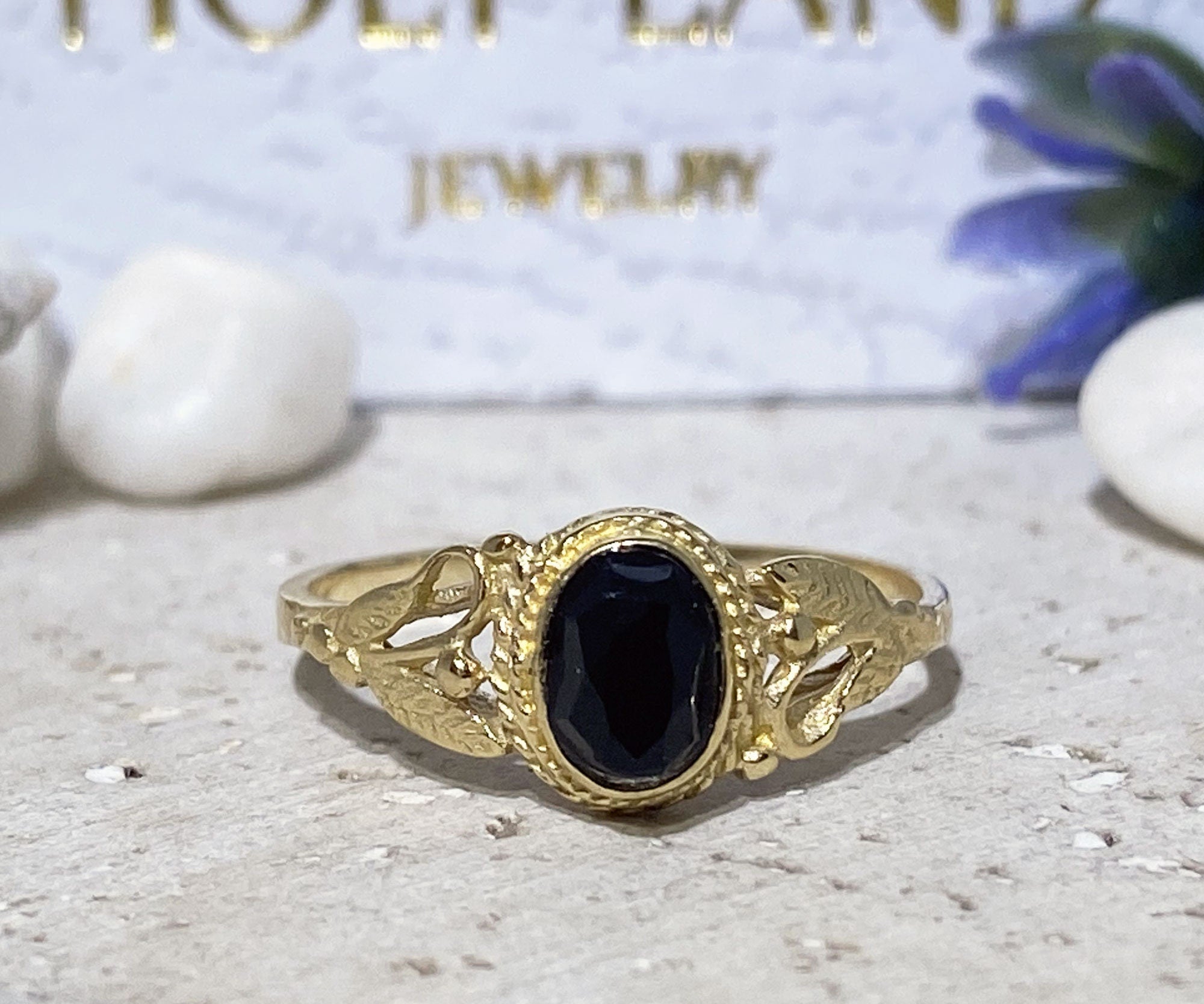 Black Onyx Ring - December Birthstone - Delicate Lace Ring with Oval Black Onyx Stone and Leaves Accents - H.L.Jewelry