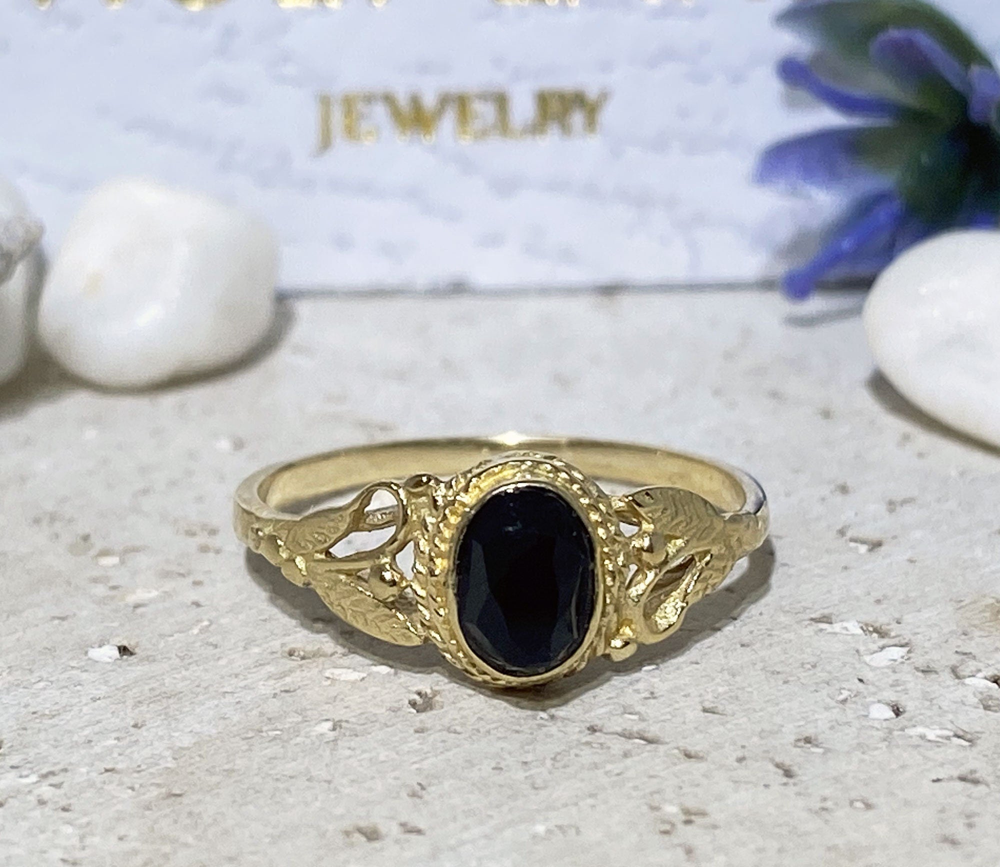 Black Onyx Ring - December Birthstone - Delicate Lace Ring with Oval Black Onyx Stone and Leaves Accents - H.L.Jewelry