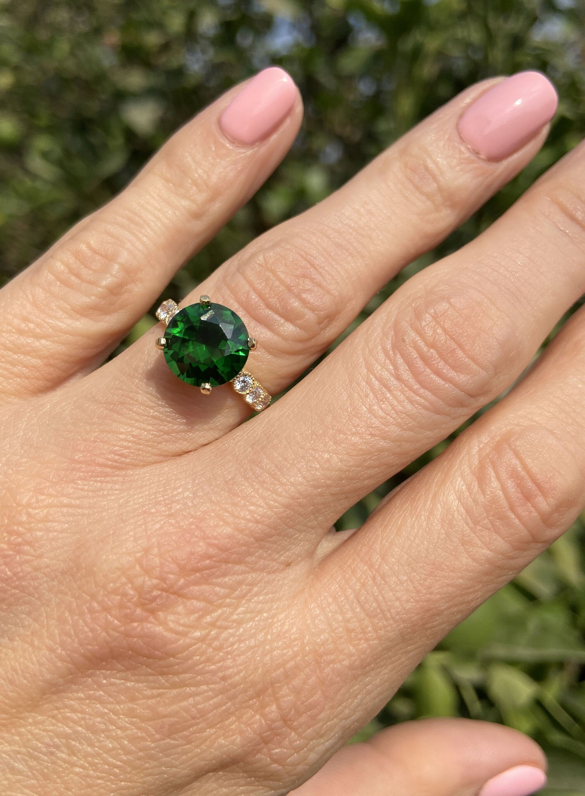 Emerald Ring - May Birthstone - Statement Engagement Ring with Round Emerald Gemstone and Clear Quartz Accents - H.L.Jewelry