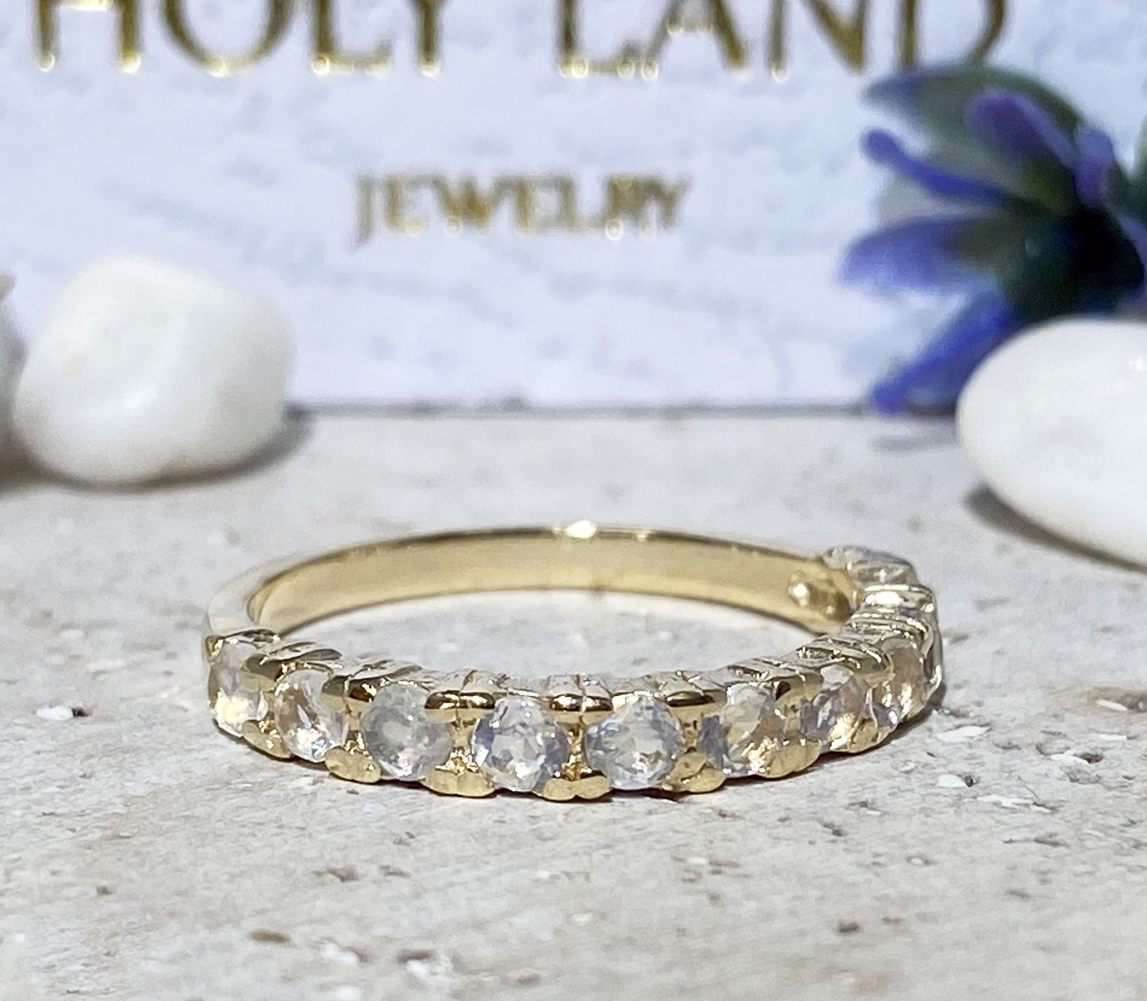 Rainbow Moonstone Ring - Genuine Gemstone Band - Stack Ring - June Birthstone - Simple Jewery - Gold Ring - Prong Ring - Half Eternity Ring - H.L.Jewelry