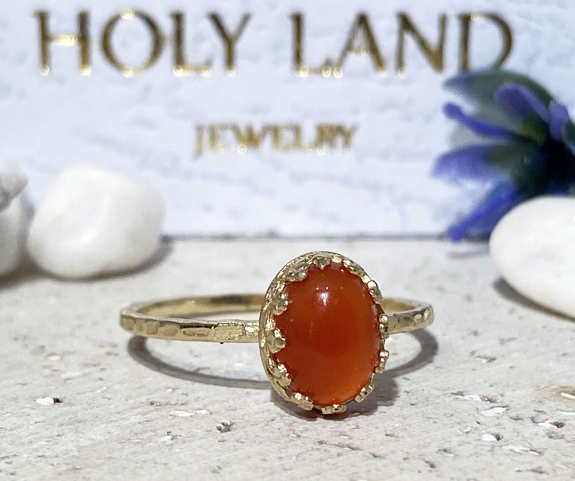 Carnelian Ring - Delicate Hammered Oval Crown Ring with Carnelian Gemstone - H.L.Jewelry