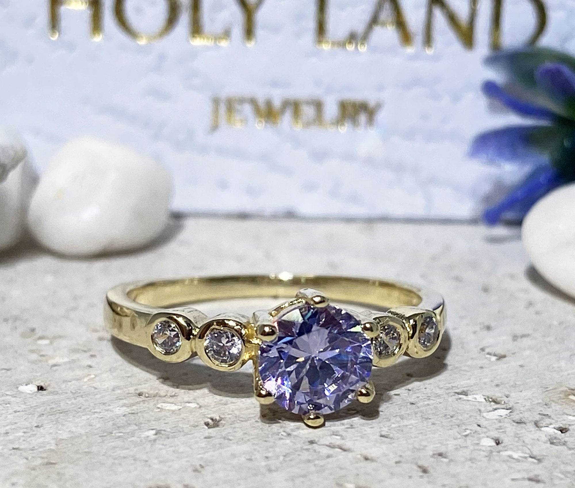 Lavender Amethyst Ring - Tiny Delicate Ring with Round Lavender Amethyst Gemstone and Clear Quartz Accents - H.L.Jewelry