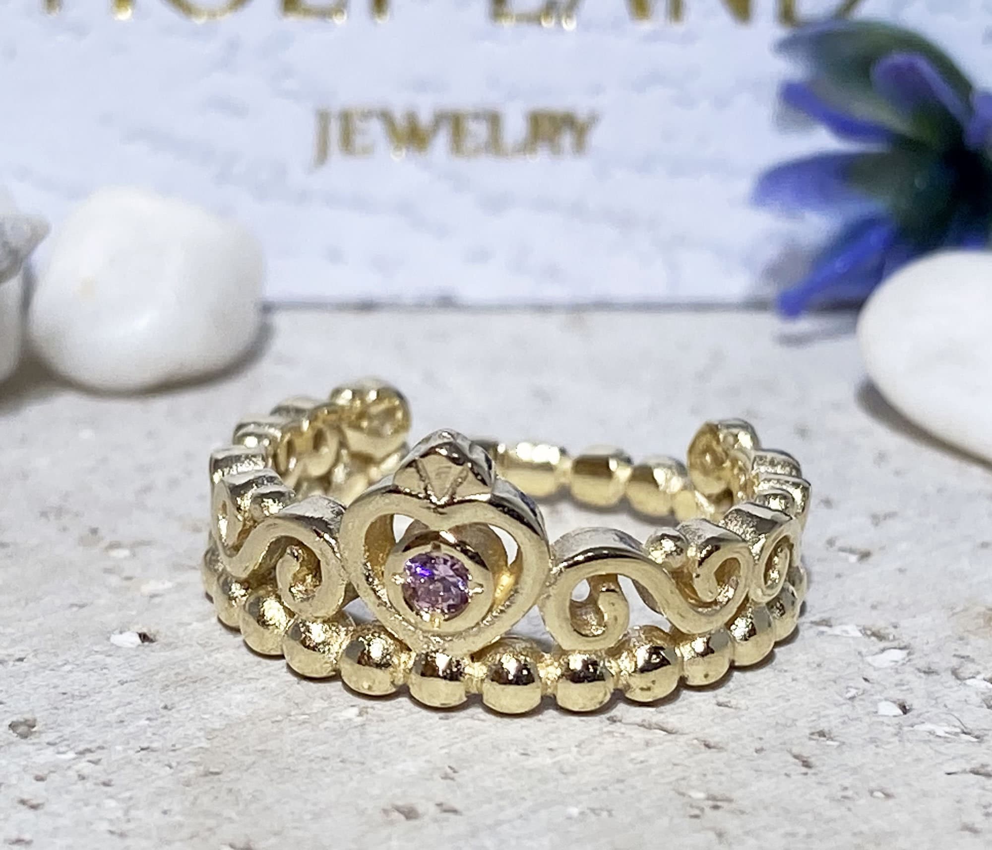 Crown Ring - Princess Ring - Lace Crown Ring with Any Birthstone of Your Choice - H.L.Jewelry