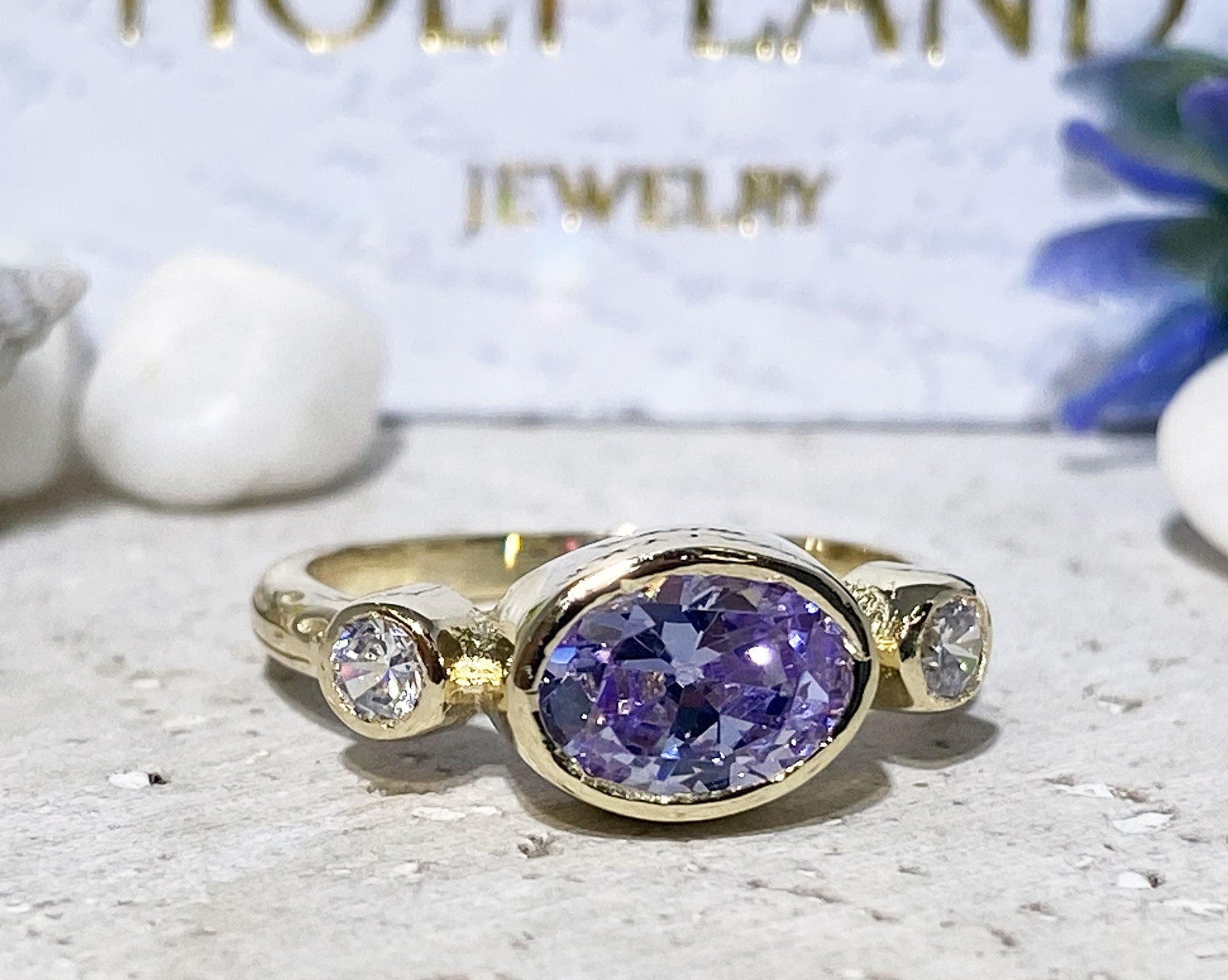 Triple Gemstones Ring - Lavender Amethyst Ring - Gemstone Ring - Gold Ring - Bezel Ring - Purple Ring - H.L.Jewelry