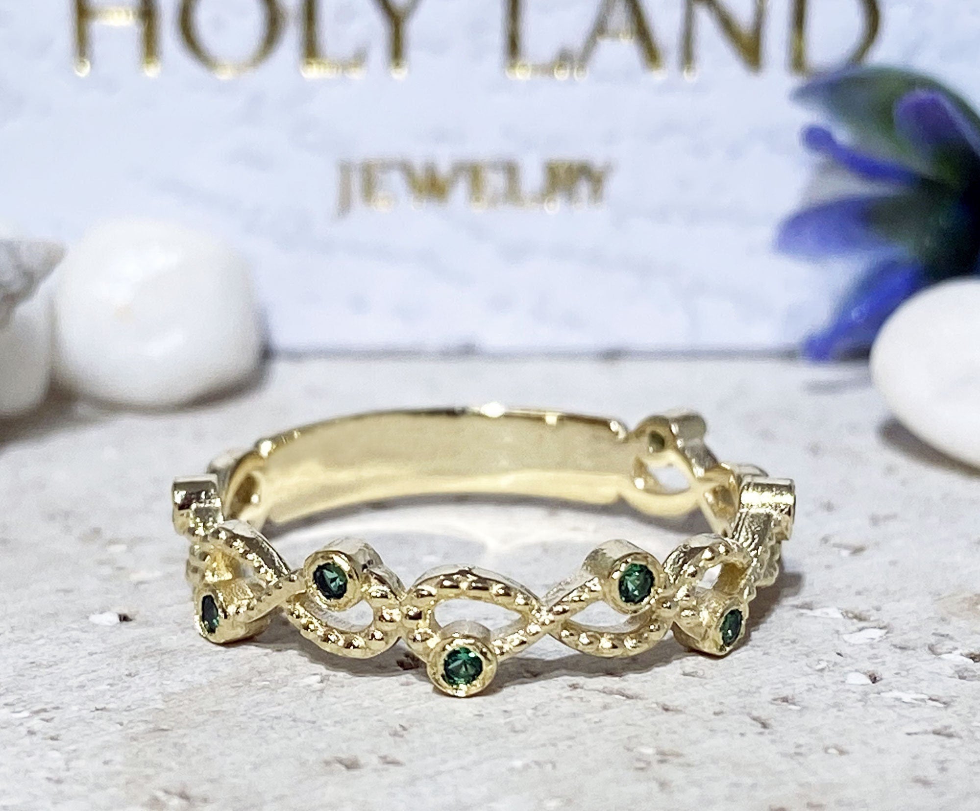 Emerald Ring - May Birthstone - Infinity Ring with Small Round Emerald Gemstones - H.L.Jewelry