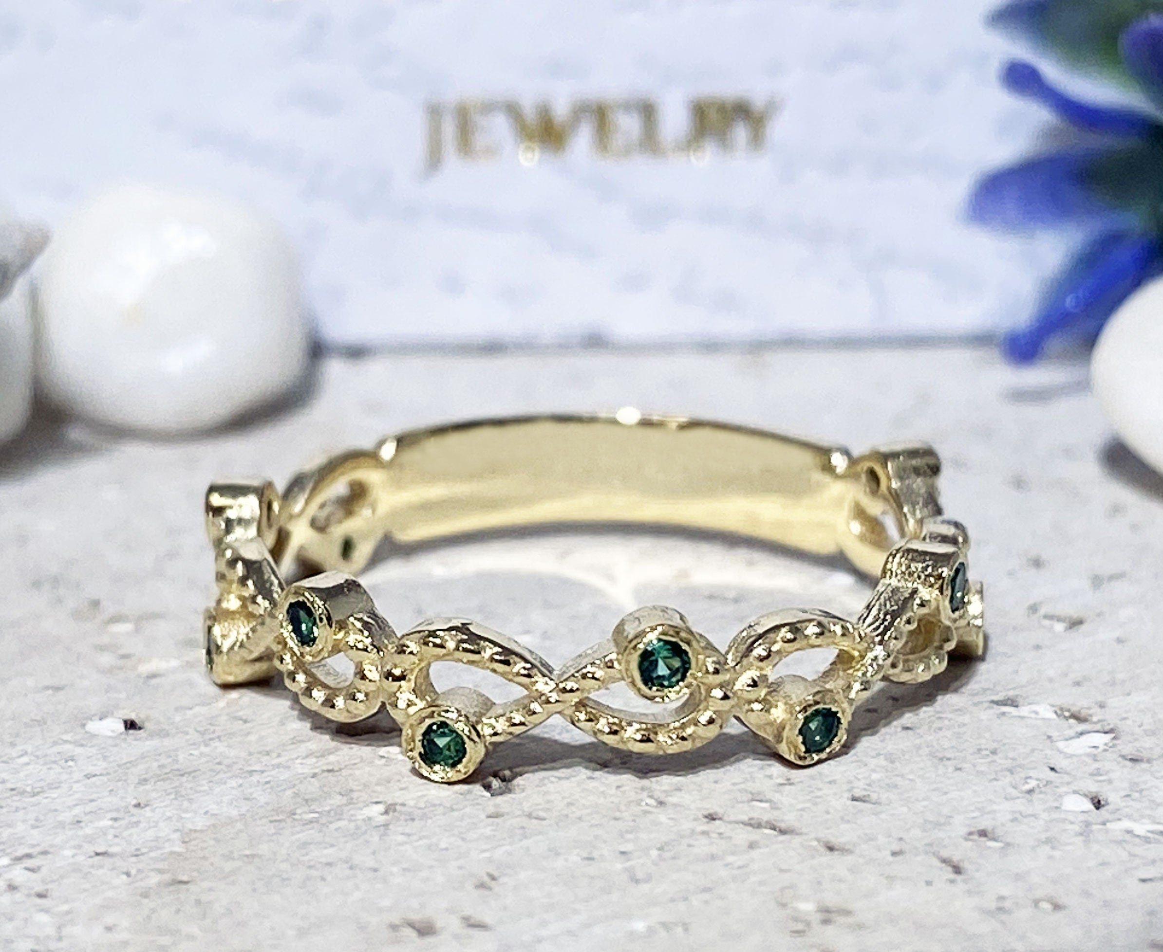 Emerald Ring - May Birthstone - Infinity Ring with Small Round Emerald Gemstones - H.L.Jewelry