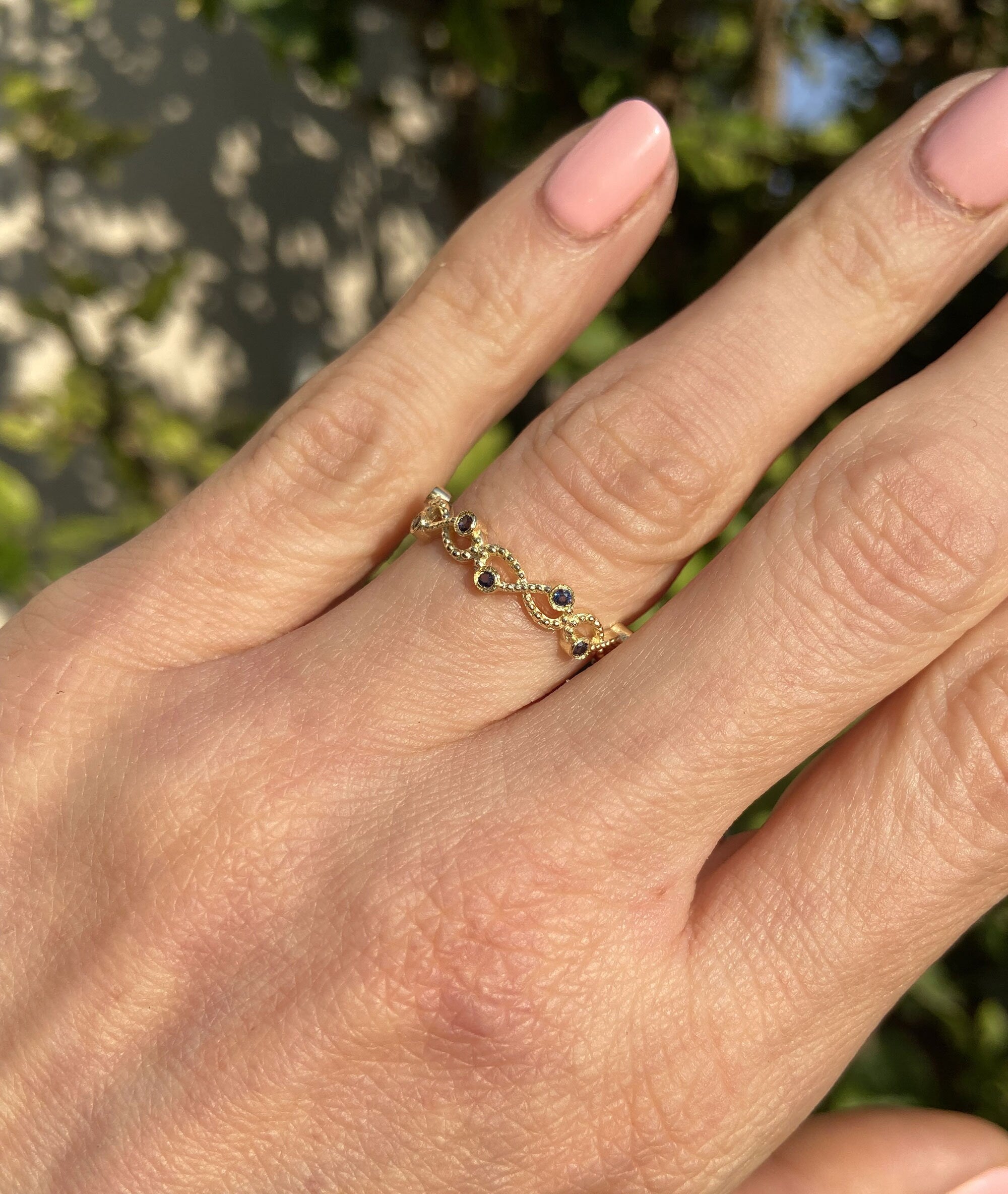 Blue Sapphire Ring - September Birthstone - Infinity Ring with Ten Small Round Blue Sapphire Gemstones - H.L.Jewelry