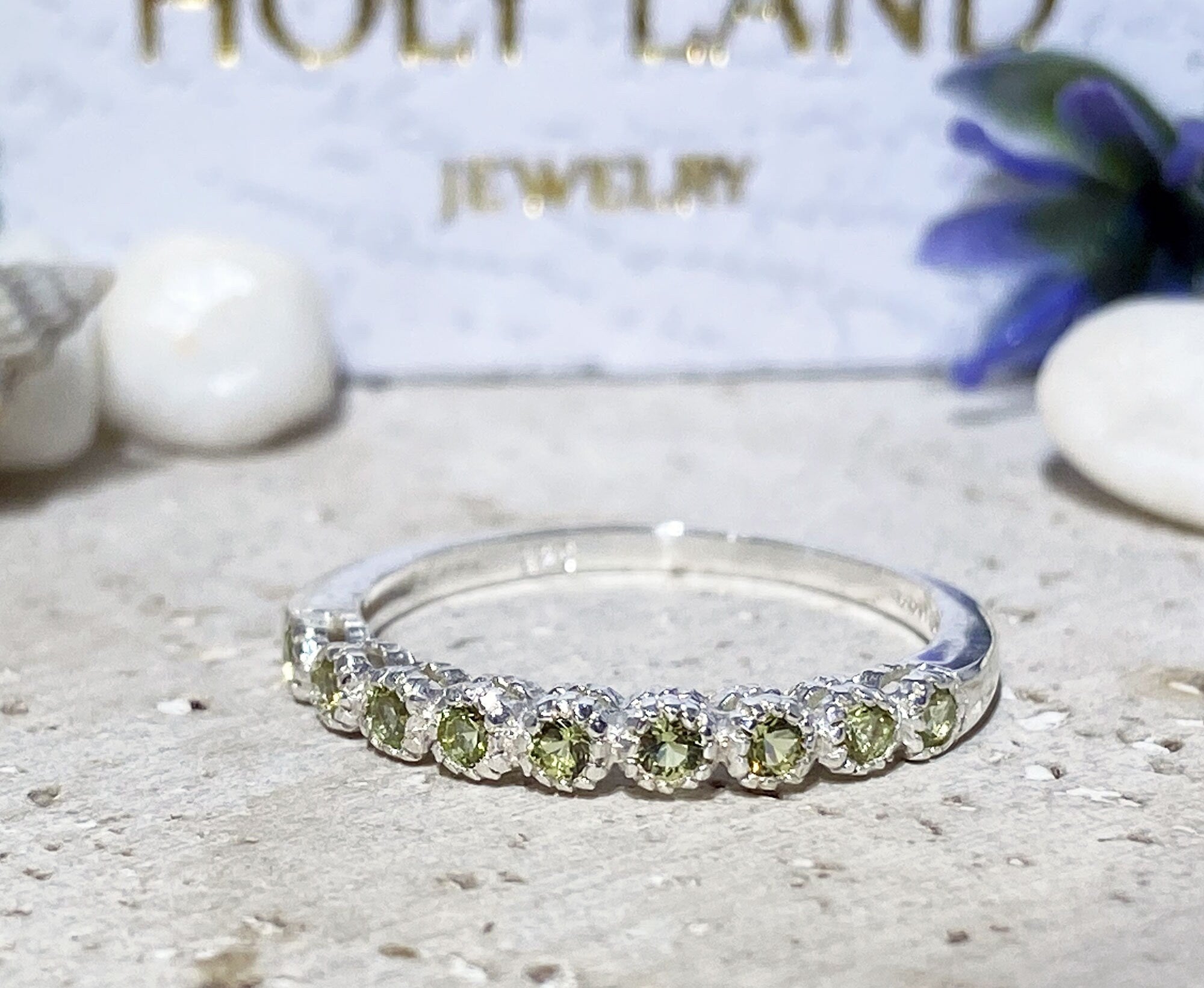 Peridot Ring - August Birthstone - Stacking Half Eternity Ring with Nine Round Peridot Gemstones - H.L.Jewelry