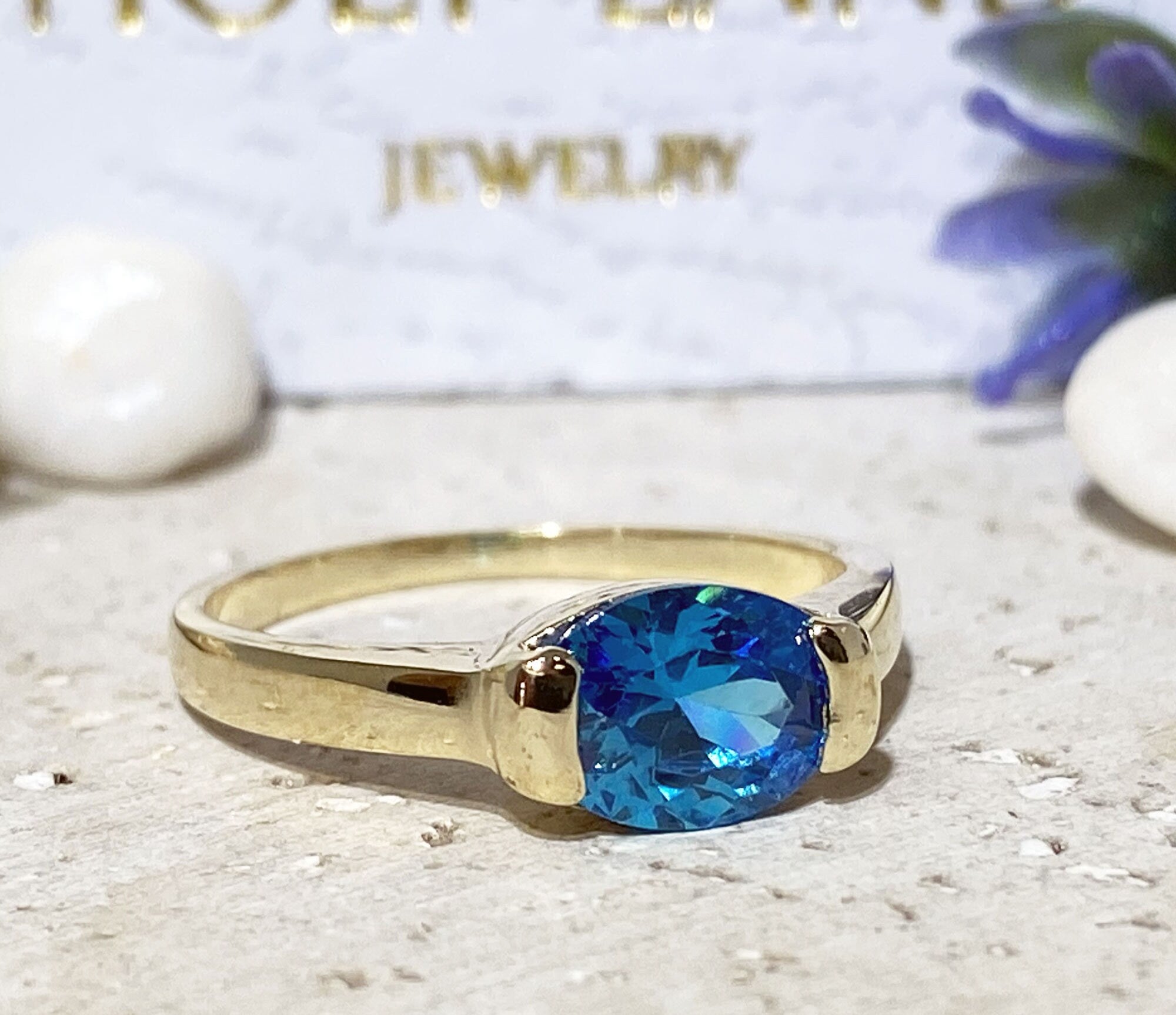 Blue Topaz Ring - December Birthstone - Oval Blue Topaz Gemstone Simple Stacking Ring - H.L.Jewelry