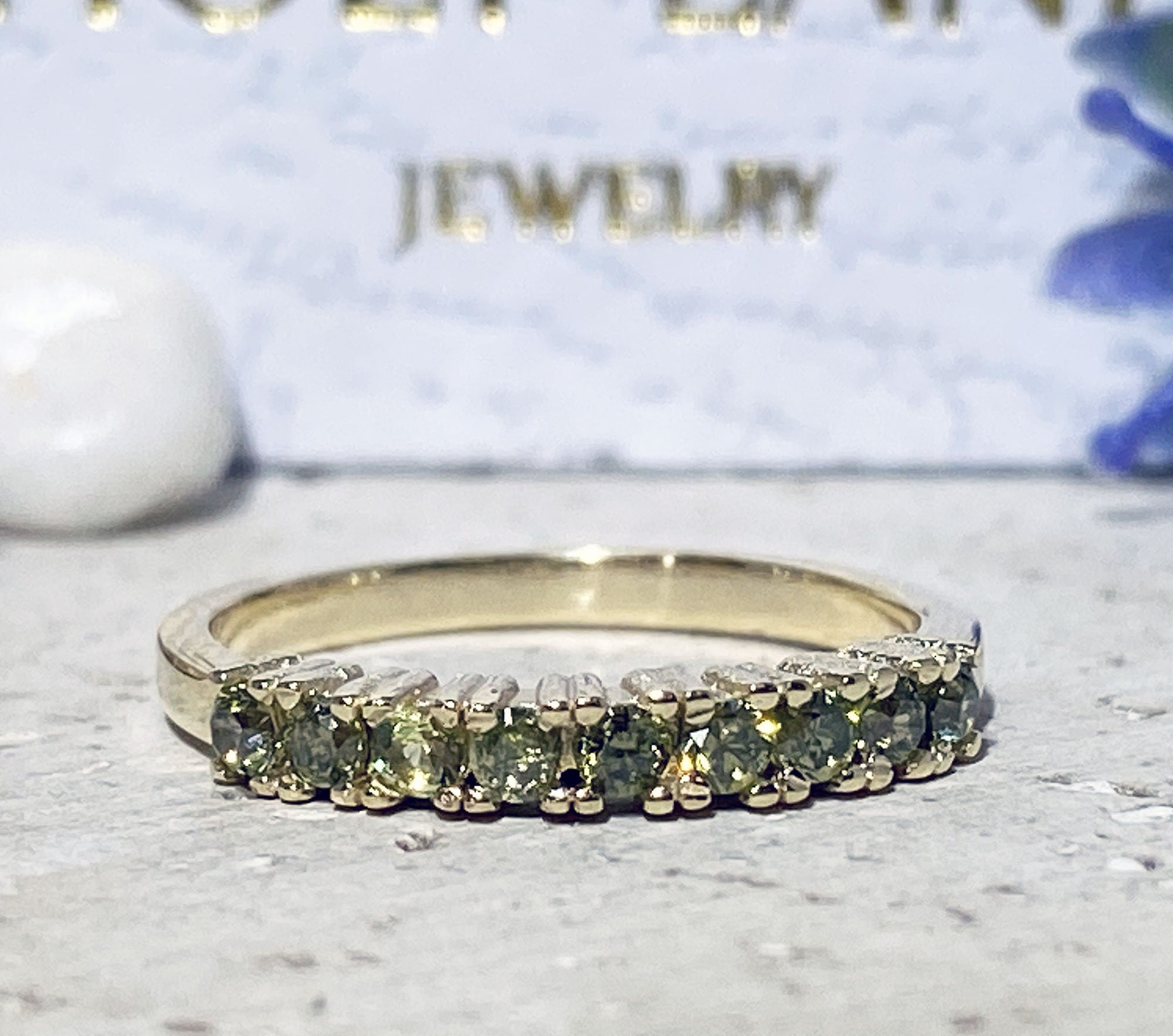 Peridot Ring - August Birthstone - Stacking Half Eternity Ring with Nine Round Peridot Gemstones - H.L.Jewelry