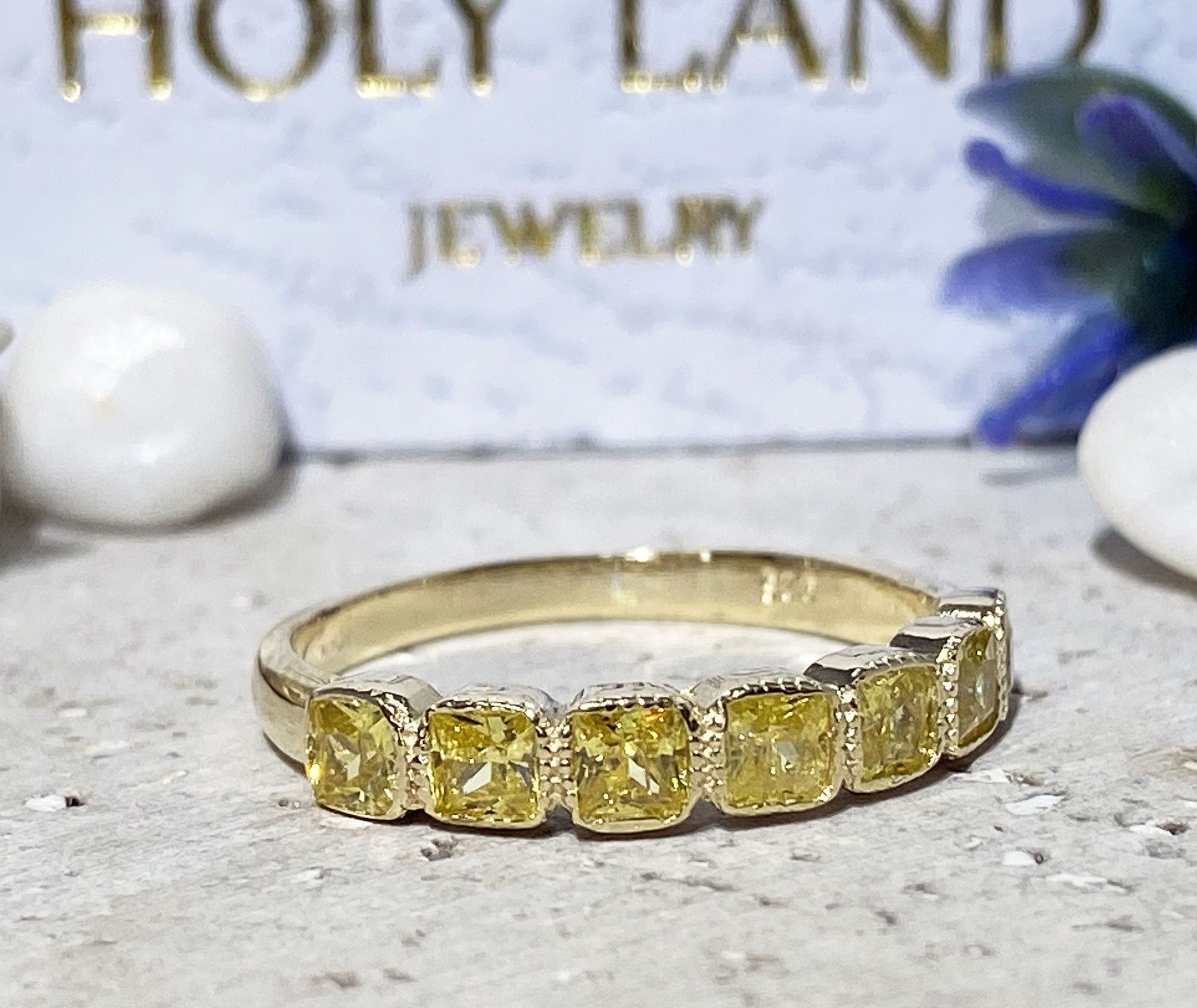 Yellow Citrine Ring - November Birthstone - Seven Yellow Citrine Gemstones Stacking Half Eternity Ring - H.L.Jewelry