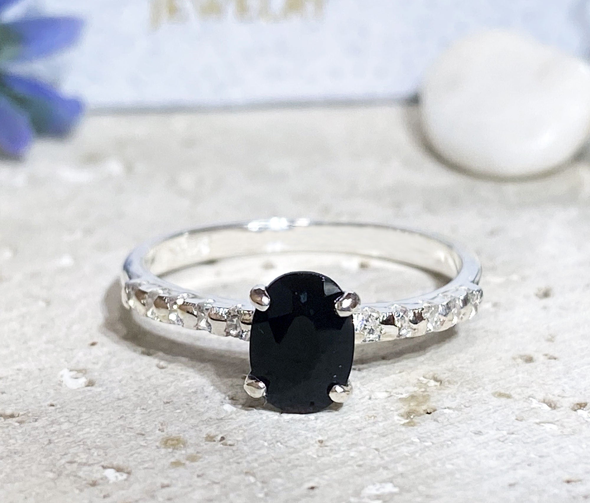 Black Onyx Ring - December Birthstone - Delicate Engagement Ring with Oval Black Onyx Center Gemstone and Clear Quartz Accents - H.L.Jewelry