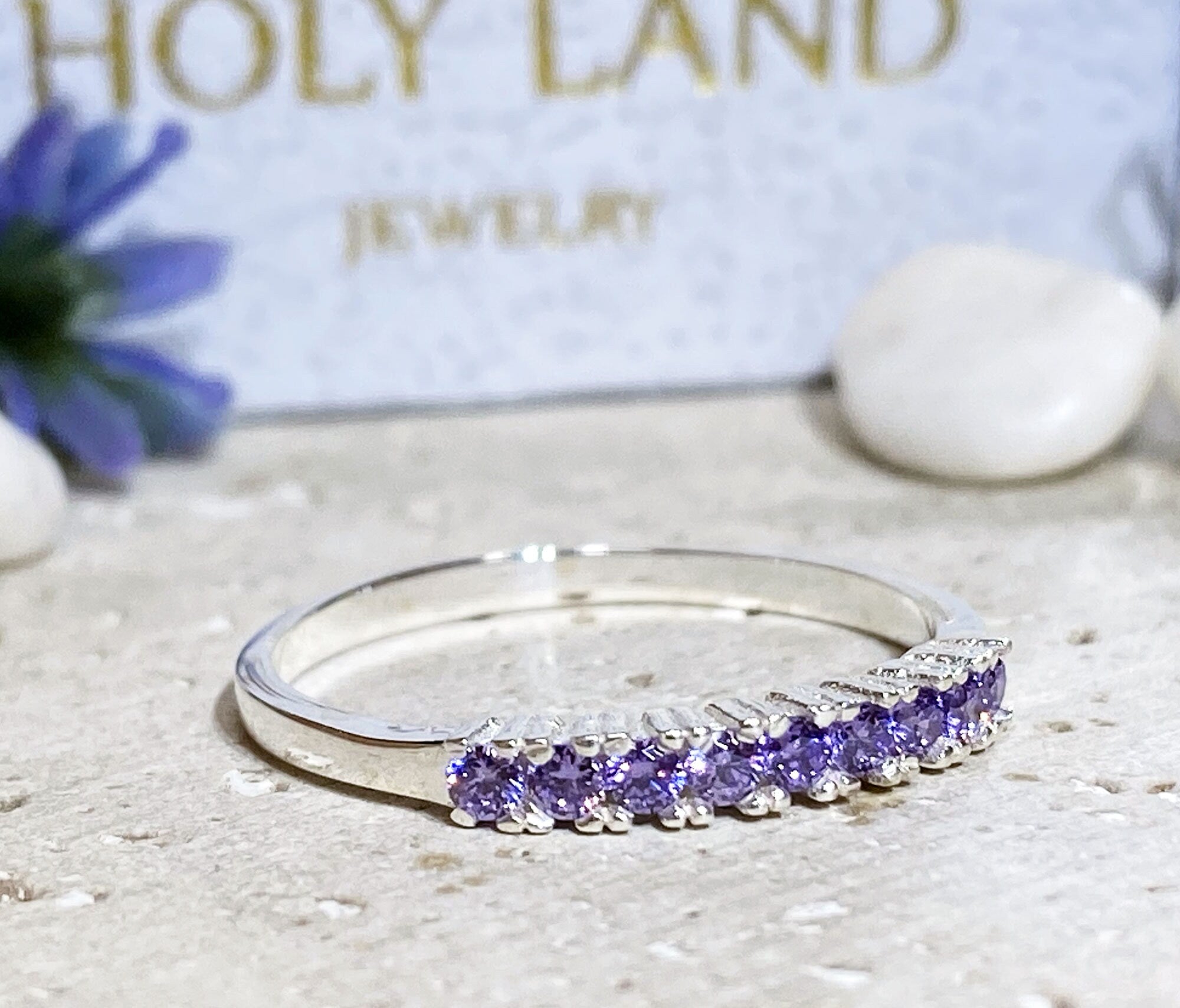 Purple Amethyst Ring - February Birthstone - Stacking Ring with Nine Round Purple Amethyst Stones - H.L.Jewelry