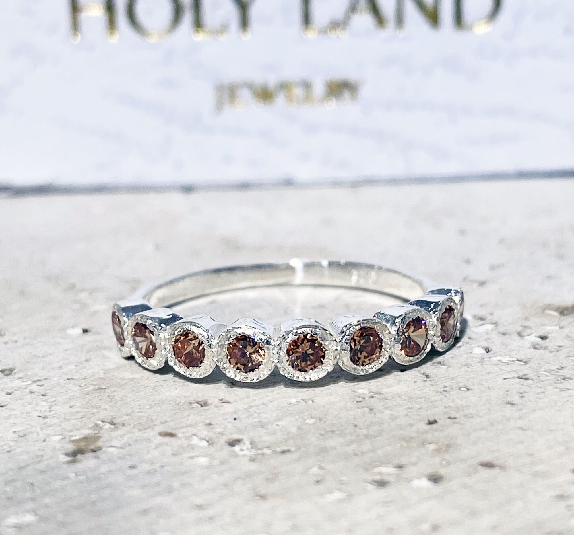 Citrine Ring - November Birthstone - Stacking Half Eternity Ring with Nine Round Citrine Gemstones - H.L.Jewelry