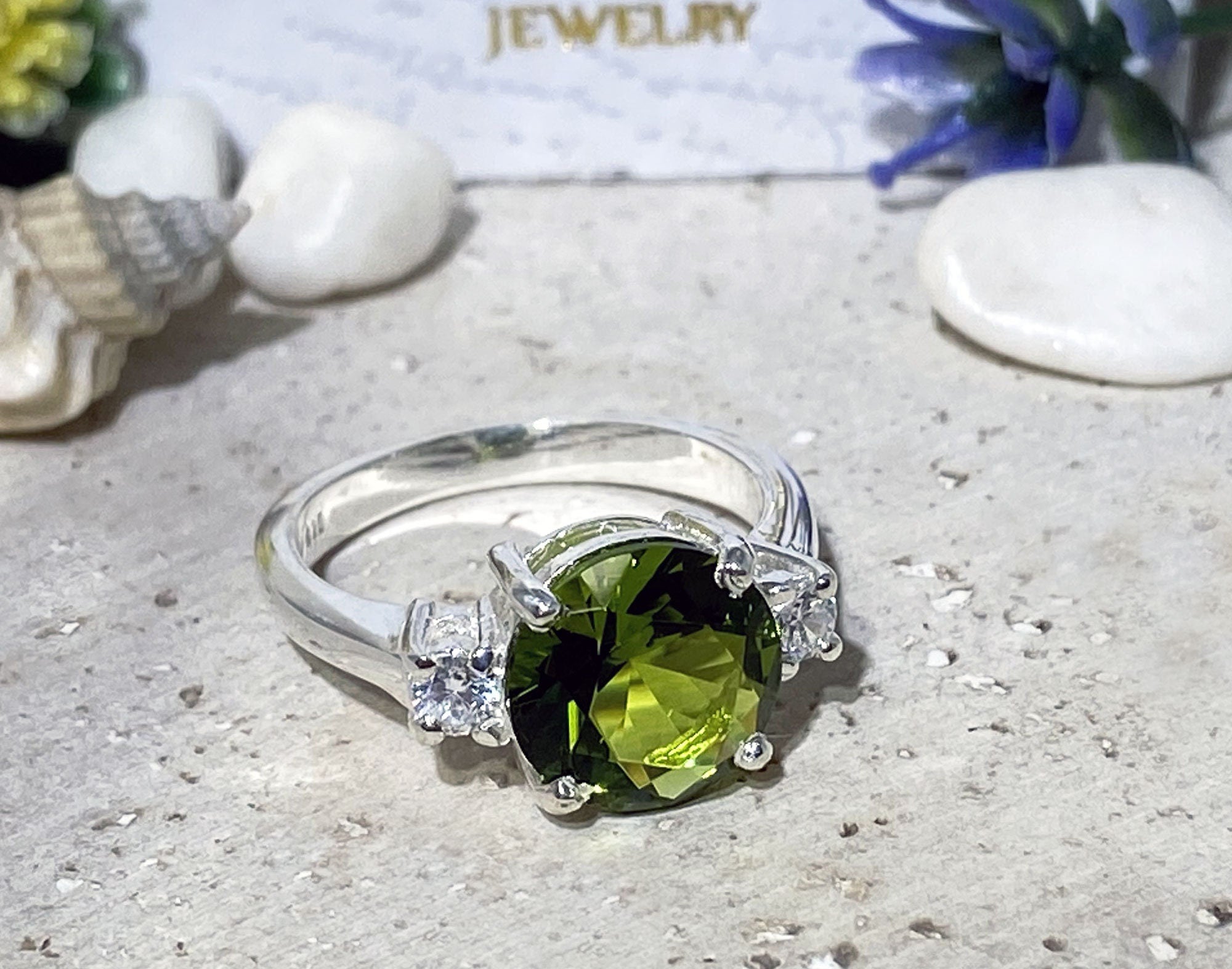 Peridot Ring - August Birthstone - Statement Engagement Ring with Round Peridot Gemstone and Clear Quartz Accents - H.L.Jewelry