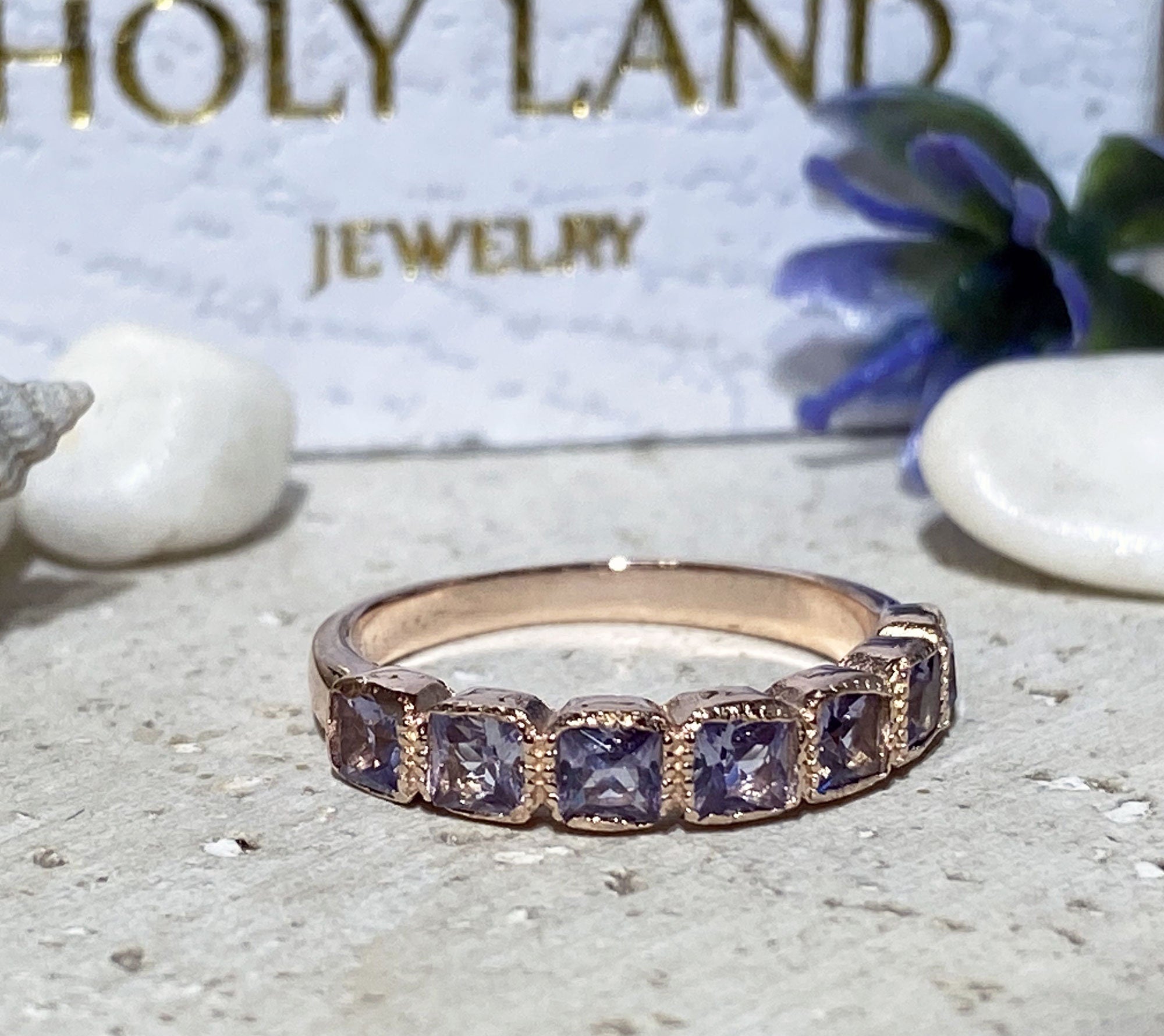 Alexandrite Ring - June Birthstone - Stacking Ring with Seven Square Alexandrite Gemstones - H.L.Jewelry