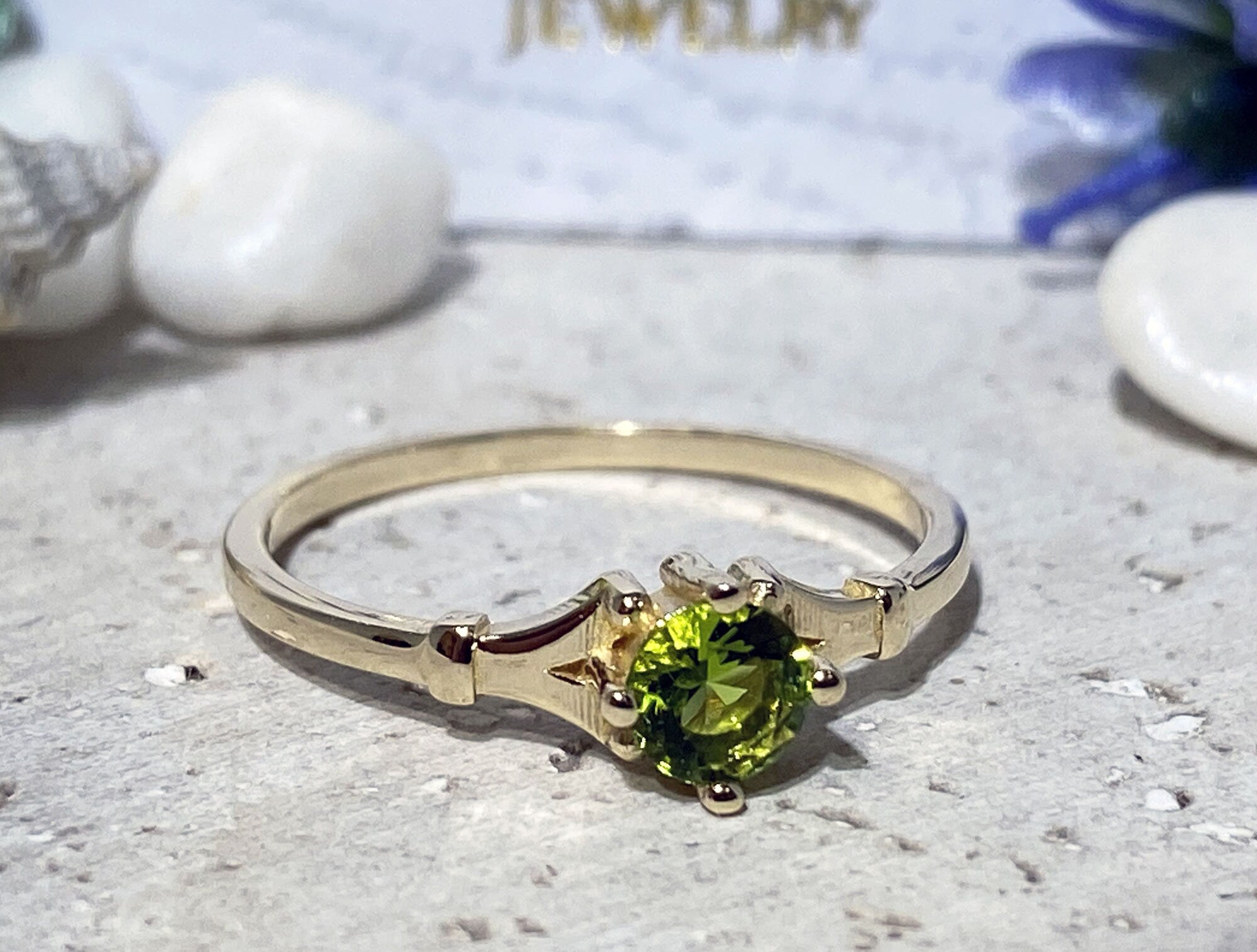 Peridot Ring - August Birthstone - Simple Delicate Ring with Round Peridot Gemstone - H.L.Jewelry