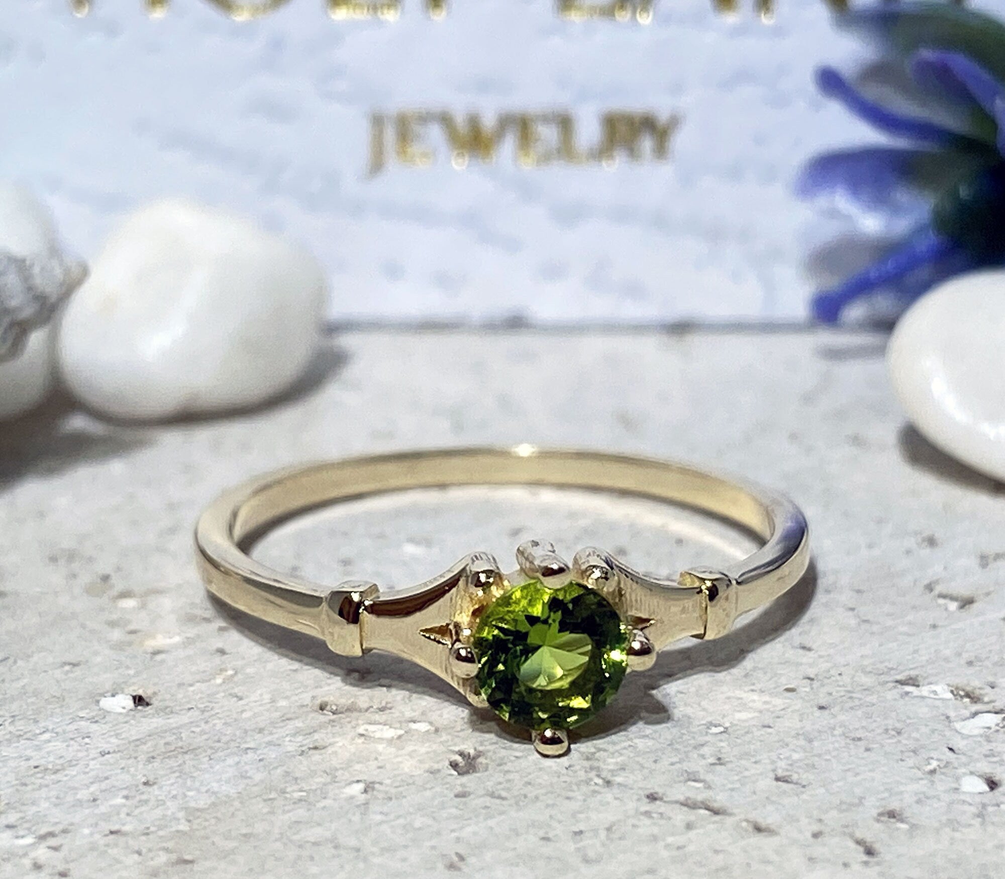 Peridot Ring - August Birthstone - Simple Delicate Ring with Round Peridot Gemstone - H.L.Jewelry