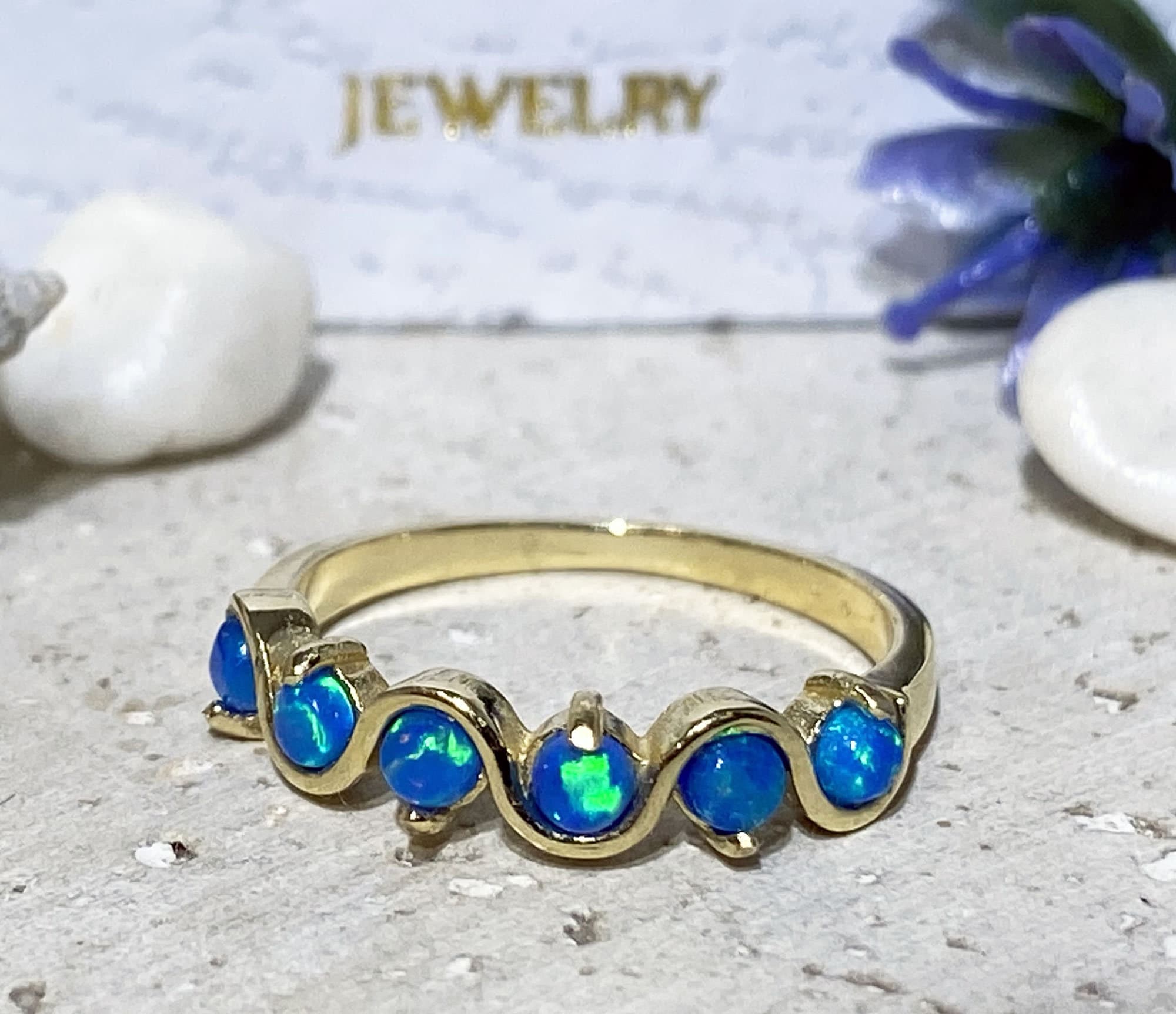 Blue Opal Ring - October Birthstone - Simple Stacking Ring with Five Blue Opal Gemstones - H.L.Jewelry