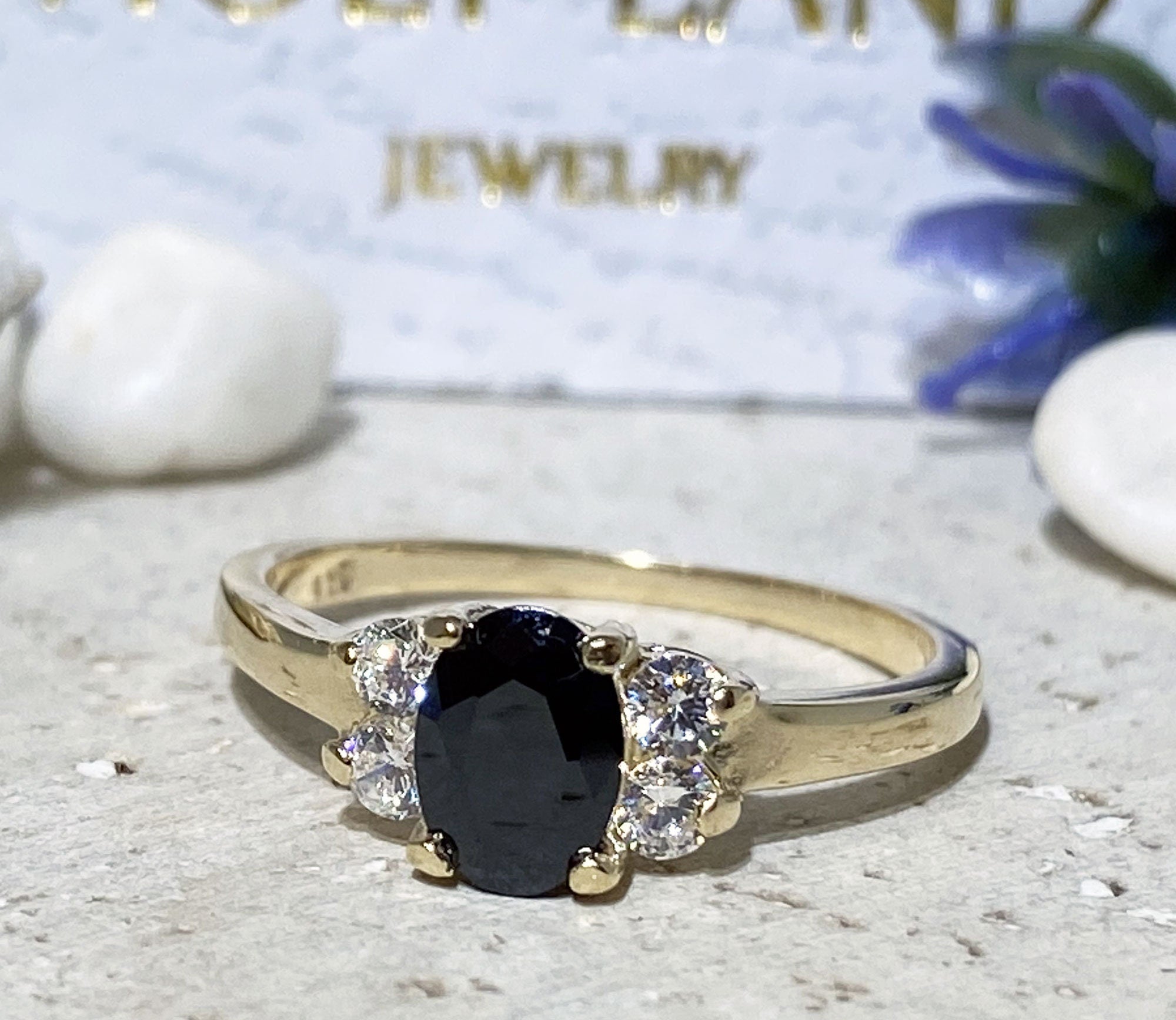 Black Onyx Ring - December Birthstone - Oval Black Onyx Ring with Clear Quartz Accents - H.L.Jewelry