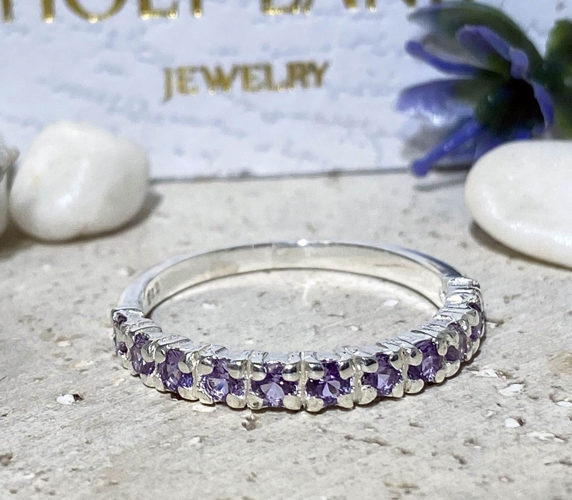 Alexandrite Ring - June Birthstone - Stacking Ring with Eleven Round Alexandrite Gemstones - H.L.Jewelry