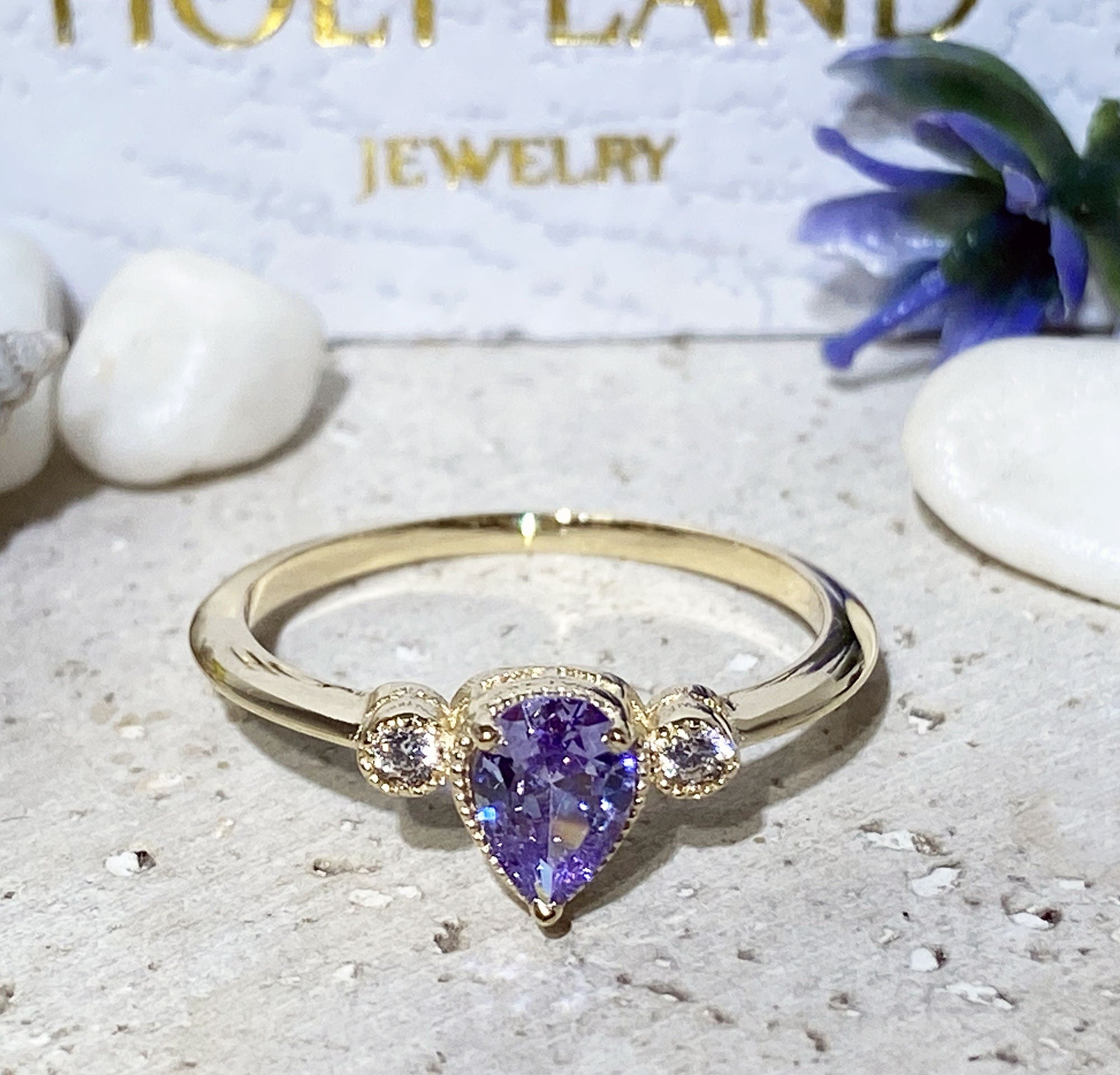 Lavender Amethyst Ring - Tiny Delicate Ring with Pear-Shaped Lavender Amethyst and Clear Quartz Accents - H.L.Jewelry