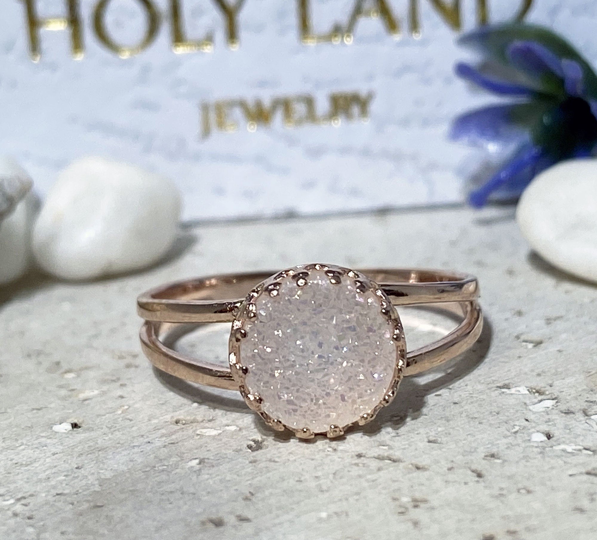 White Agate Druzy Ring - White Druzy Gemstone Simple Double Band Round Crown Ring - H.L.Jewelry