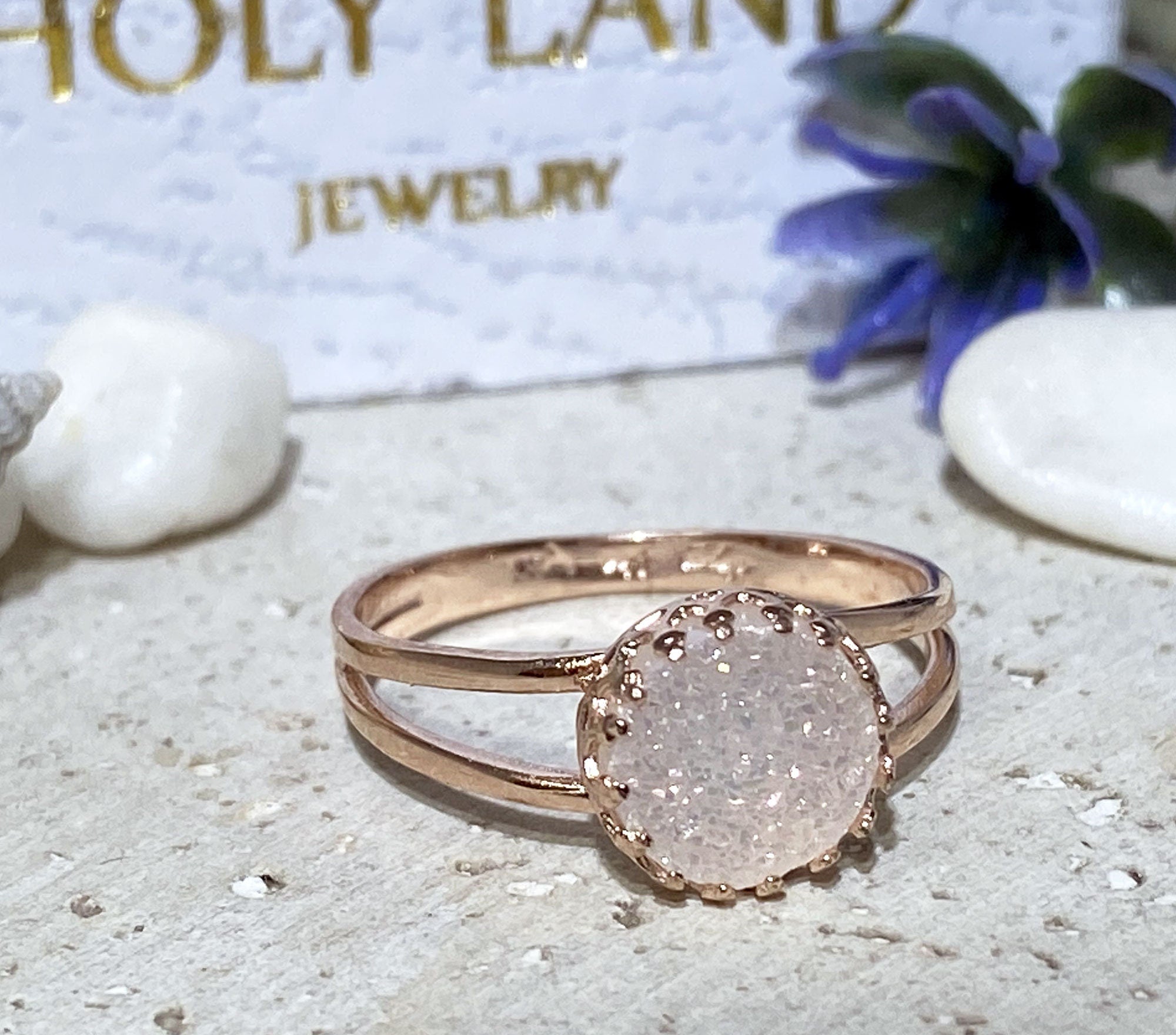 White Agate Druzy Ring - White Druzy Gemstone Simple Double Band Round Crown Ring - H.L.Jewelry