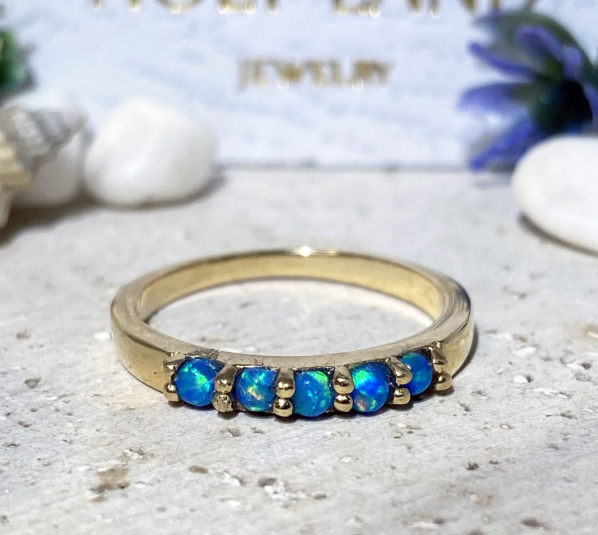 Blue Opal Ring - October Birthstone - Simple Stacking Ring with Five Blue Opal Gemstones - H.L.Jewelry