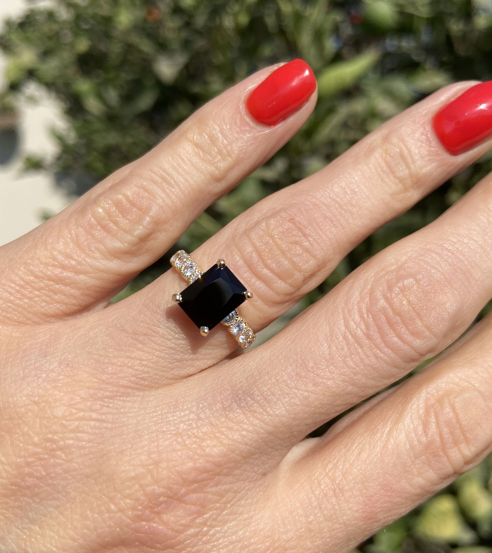 Black Onyx Ring - December Birthstone - Statement Engagement Ring with Octagon Black Onyx and Clear Quartz Accents - H.L.Jewelry