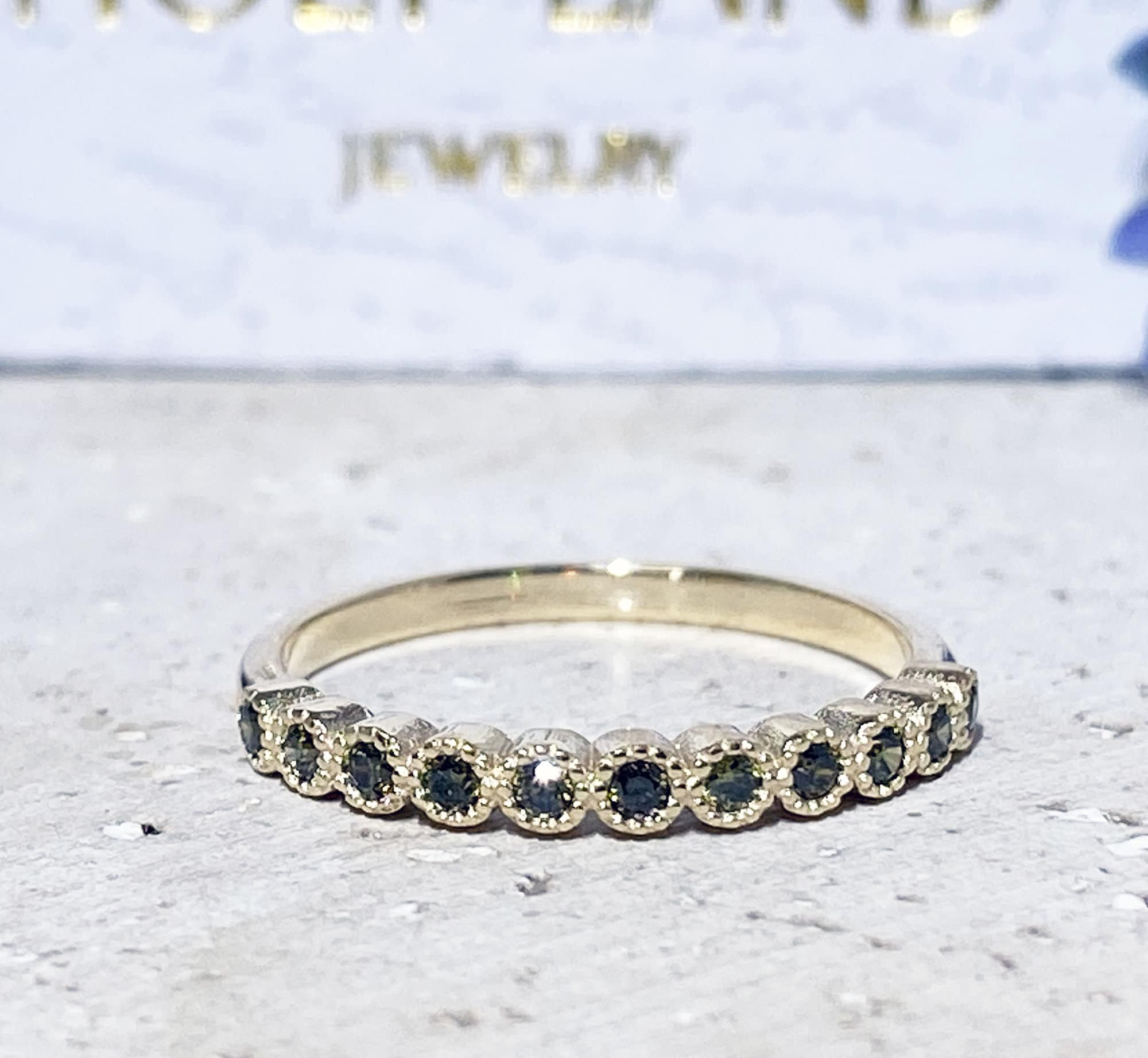 Peridot Ring - August Birthstone - Stacking Half Eternity Ring with Eleven Round Peridot Gemstones - H.L.Jewelry