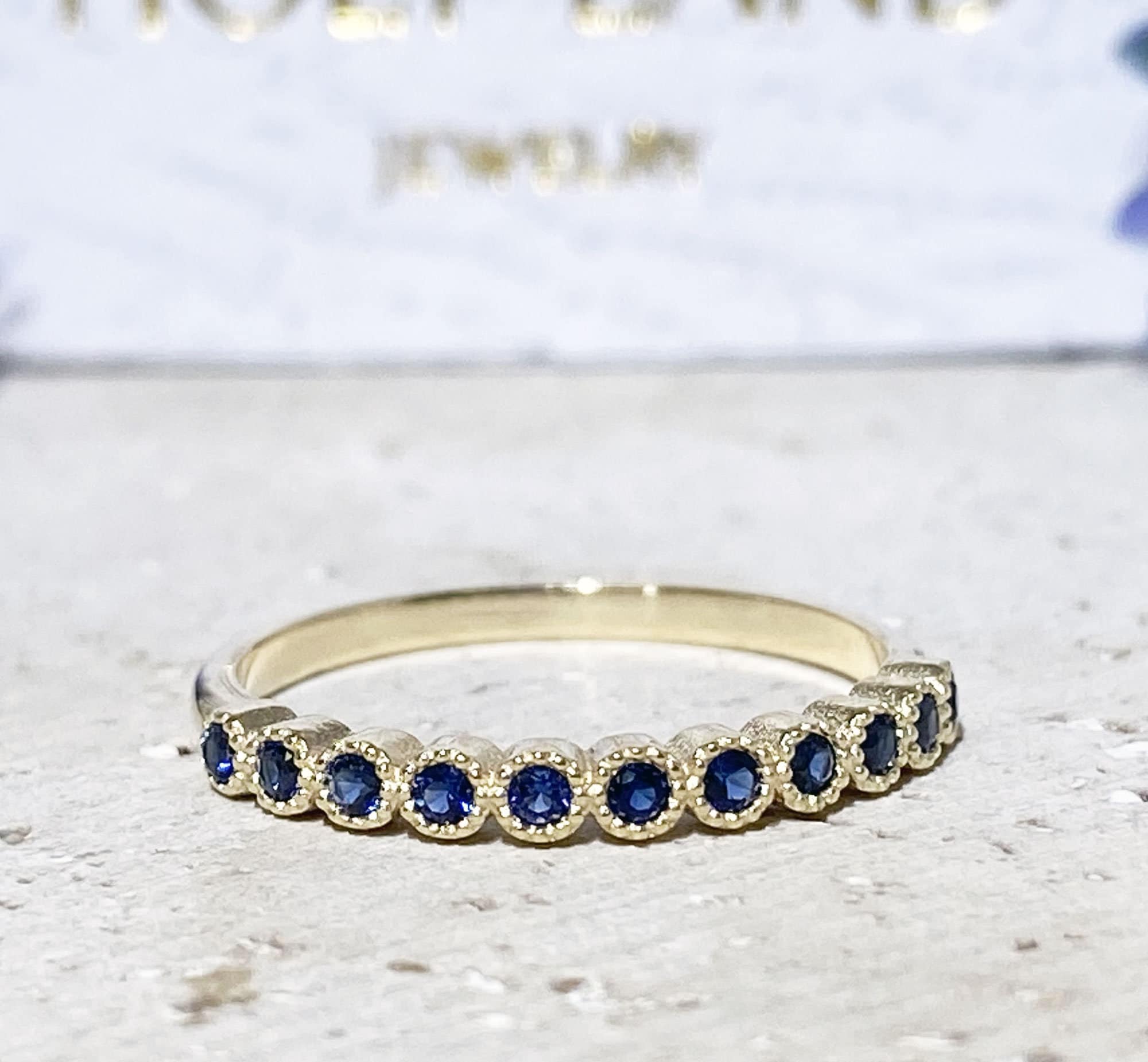 Blue Sapphire Ring - September Birthstone - Delicate Stacking Half Eternity Ring with Eleven Round Blue Sapphire Gemstones - H.L.Jewelry