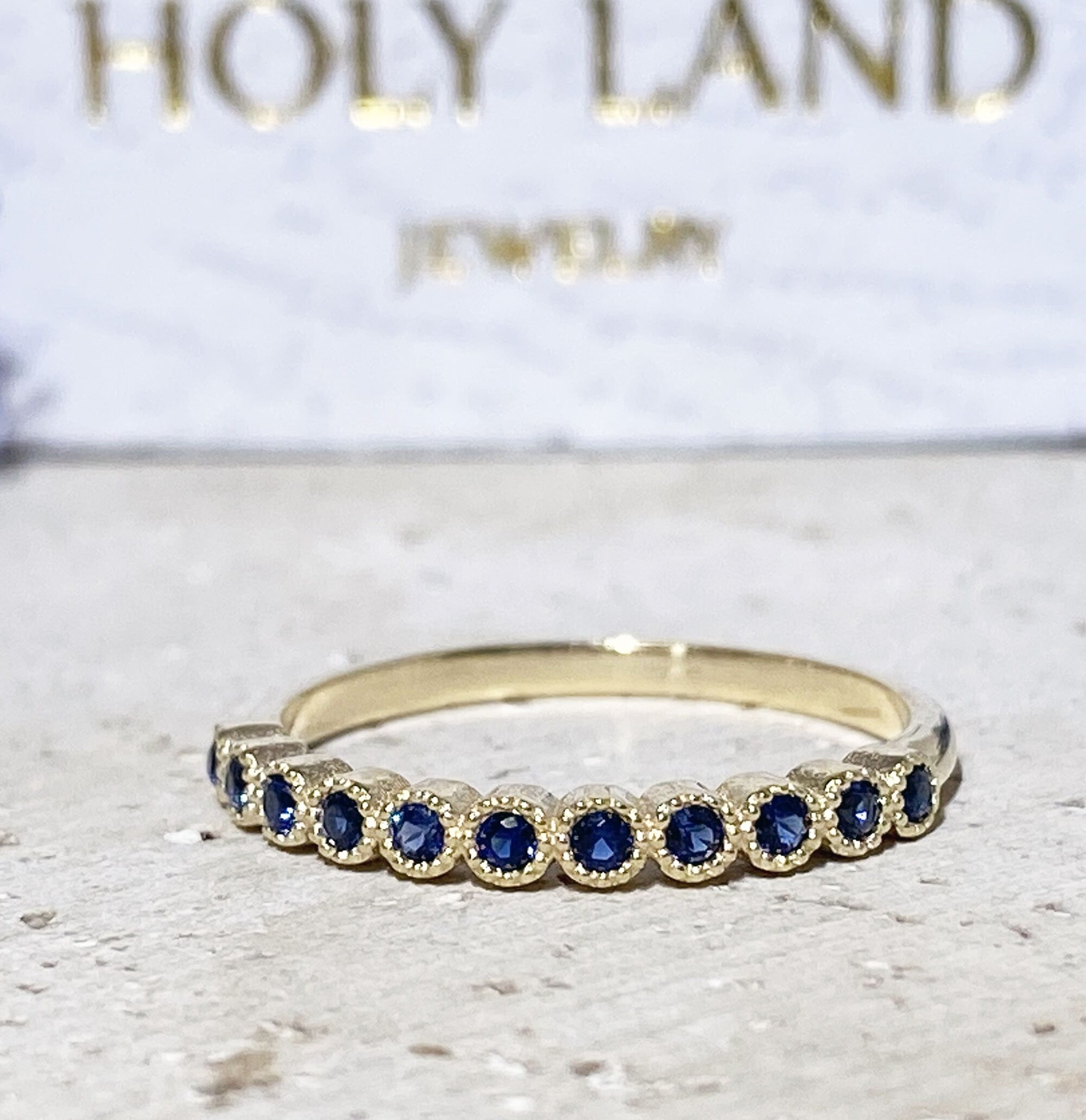 Blue Sapphire Ring - September Birthstone - Delicate Stacking Half Eternity Ring with Eleven Round Blue Sapphire Gemstones - H.L.Jewelry