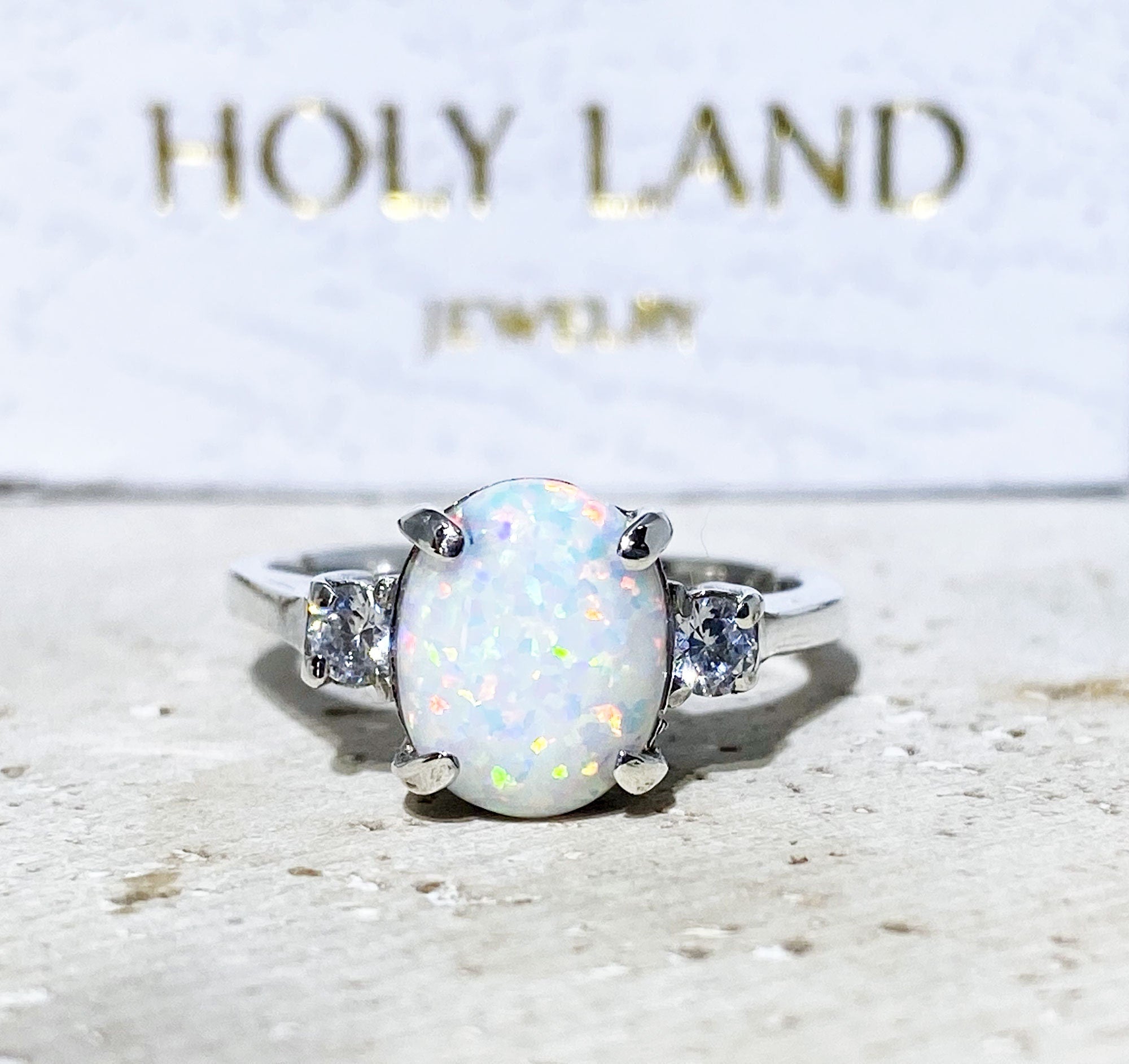 White Opal Ring - Oval White Opal Gemstone Statement Engagement Ring with Clear Quartz Accents - H.L.Jewelry