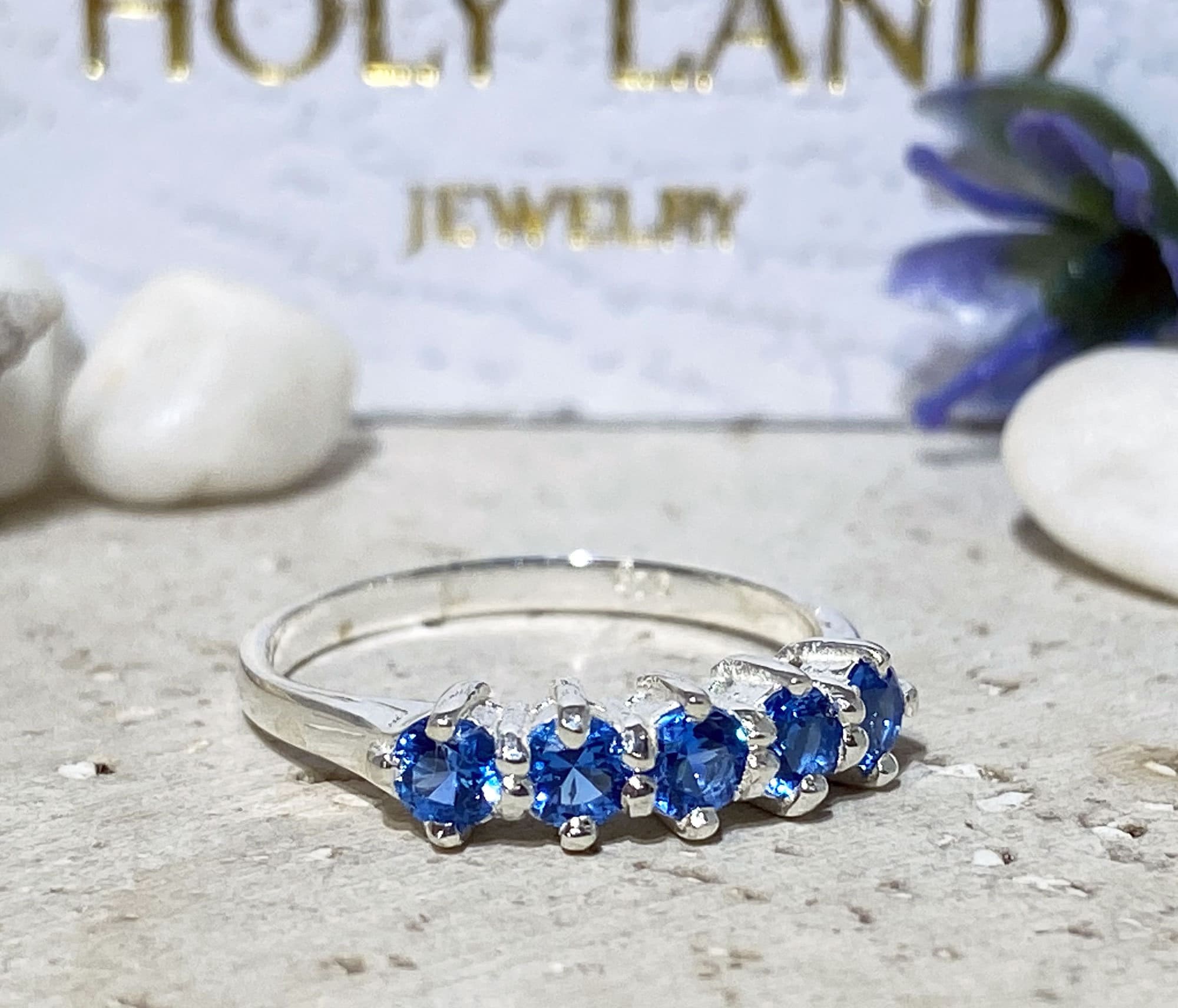 Blue Topaz Ring - December Birthstone - Stacking Ring with Five Round Blue Topaz Gemstones - H.L.Jewelry