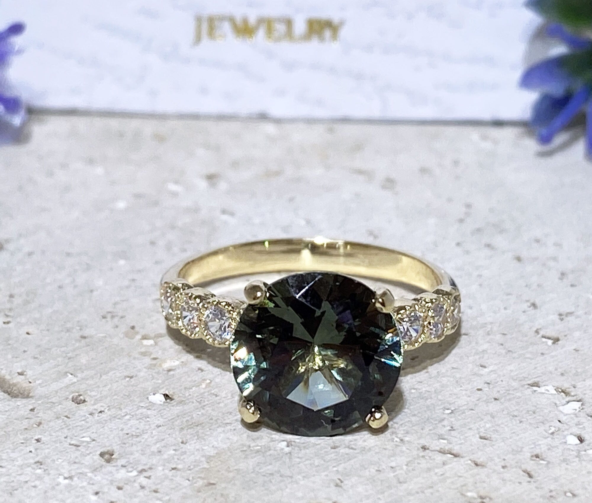 Green Tourmaline Ring - Statement Engagement Ring with Round Green Tourmaline Gemstone and Clear Quartz Accents - H.L.Jewelry